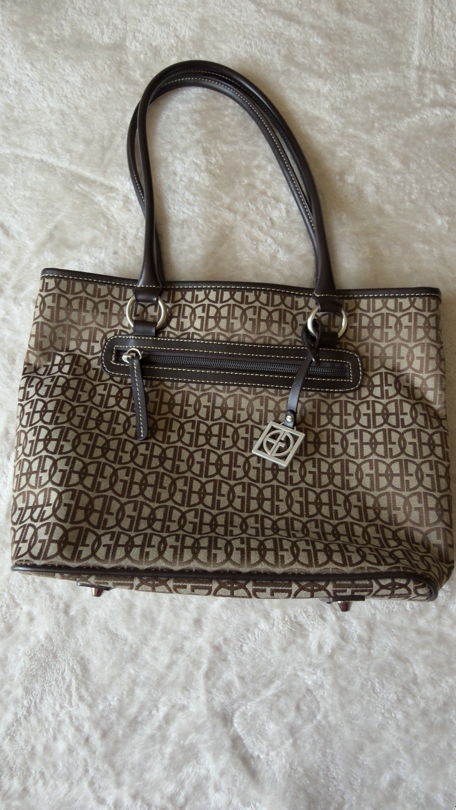 Giani Bernini Brown Monogram Large Tote Zip Top Front Zip Pocket Pouch Silver