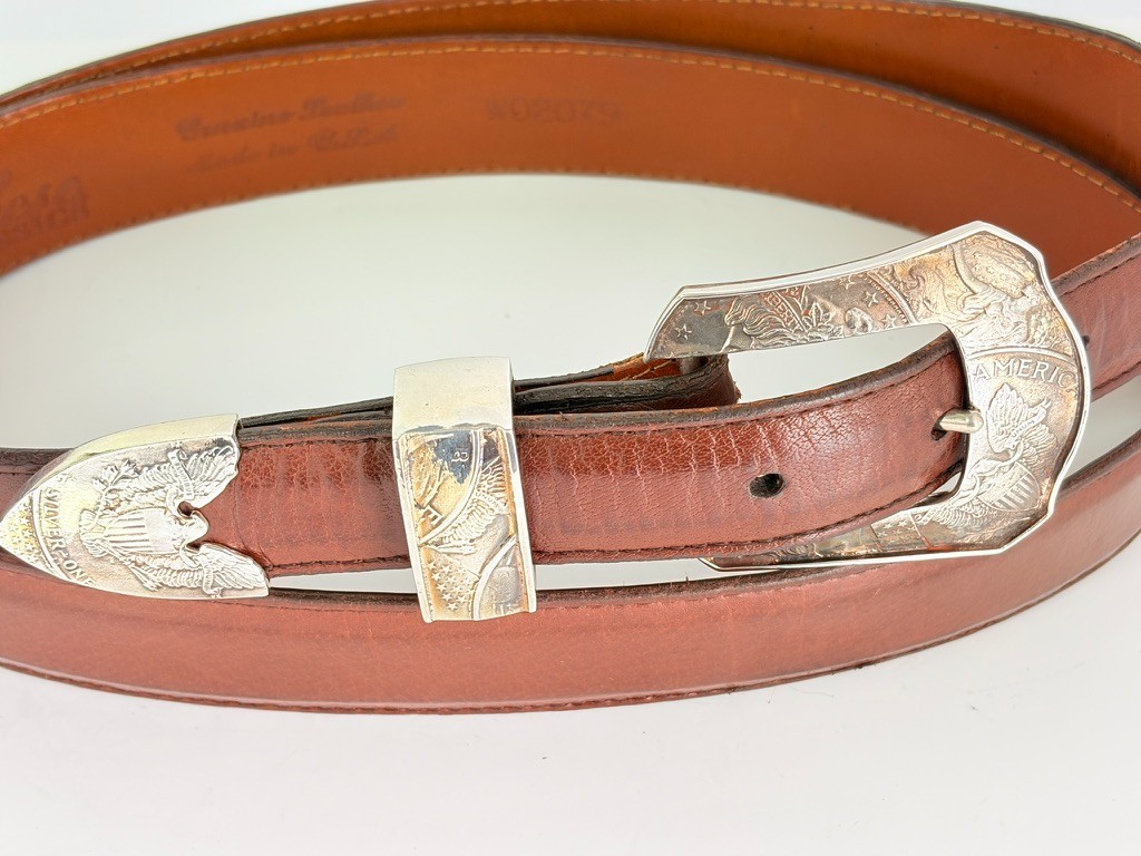 Sterling Silver .925 Silver Dollar Coin Ranger Belt Buckle Set 42 Lucchese Belt