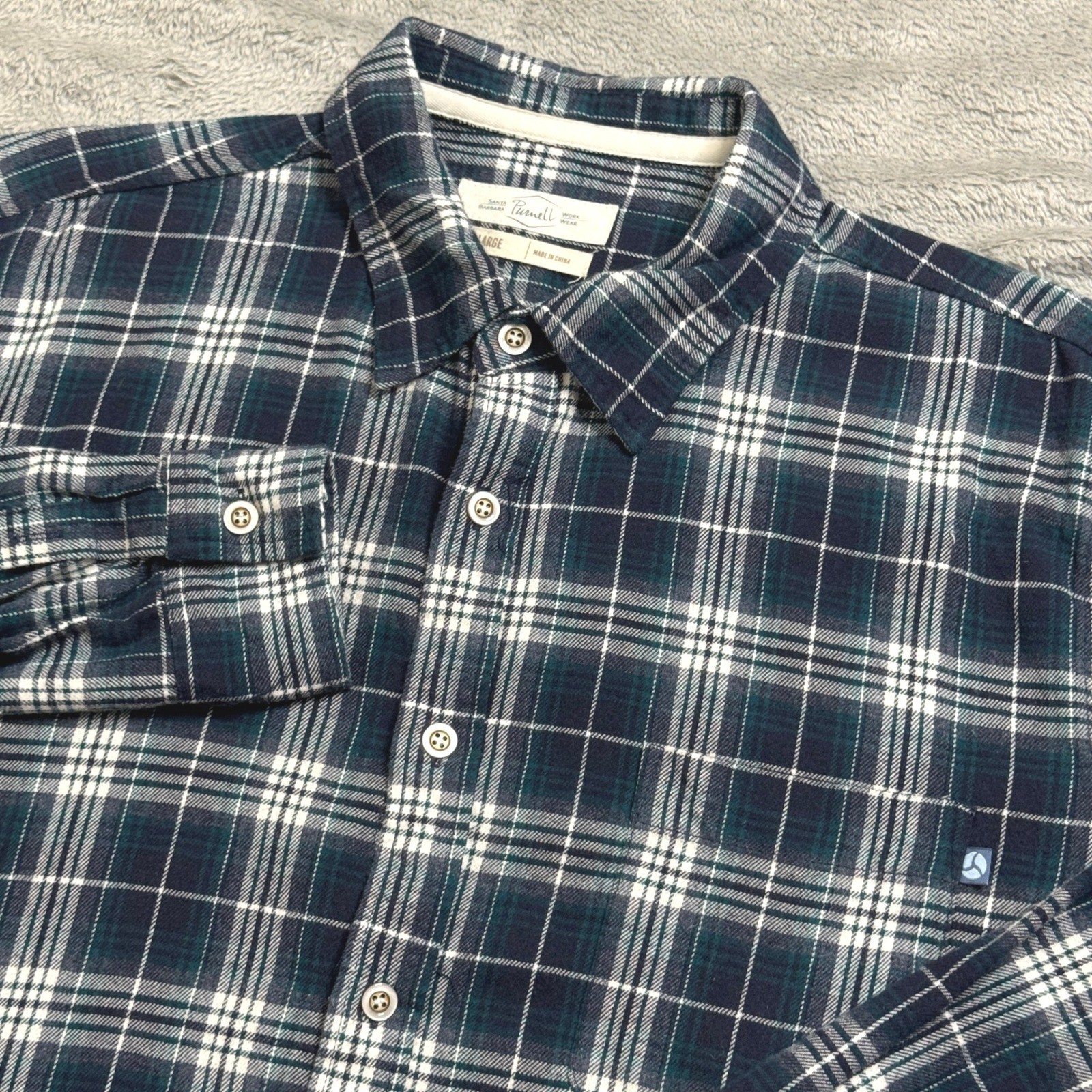 Purnell Mens XL Flannel Shirt Navy Green Plaid Cotton Workwear Button Down