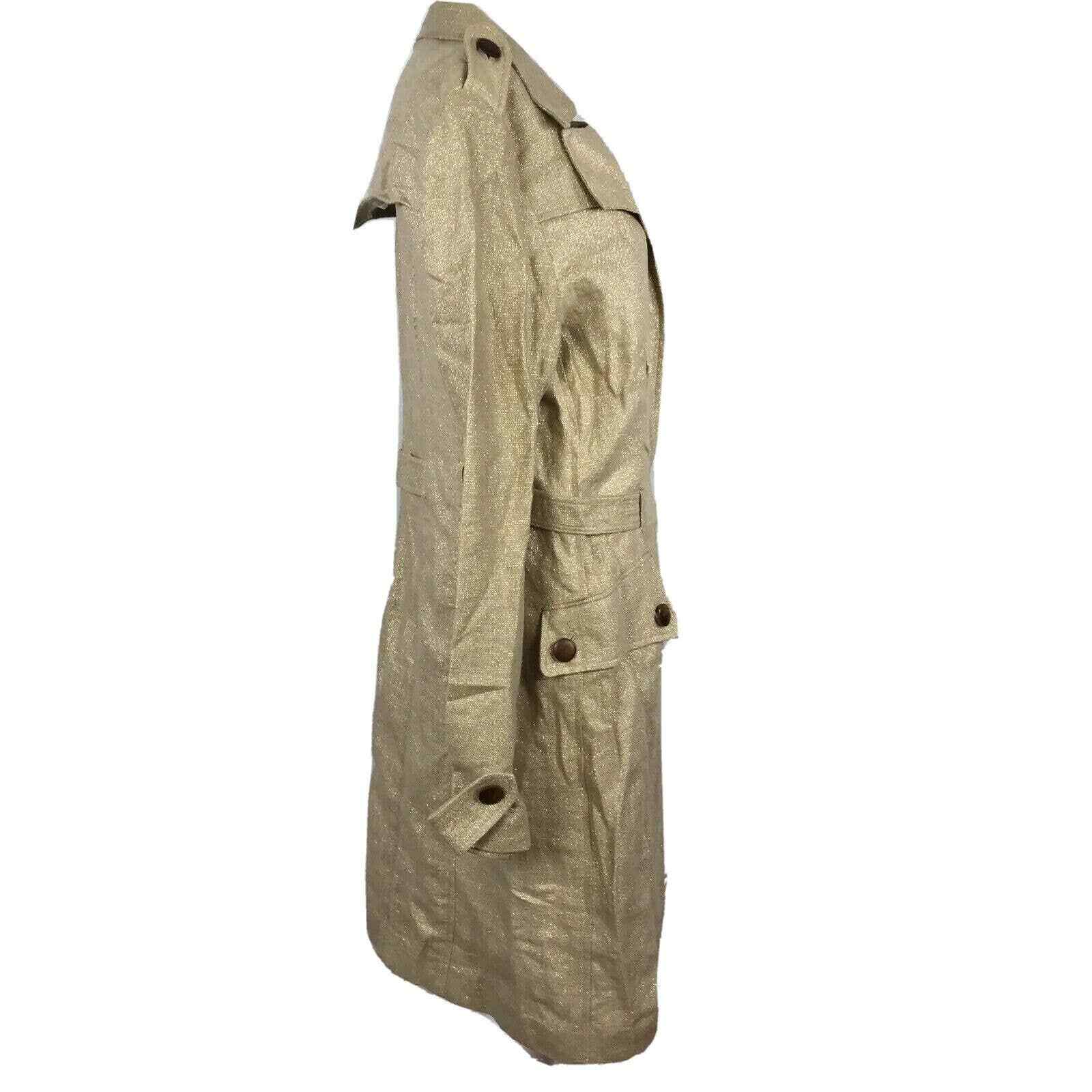NWT Cache Trench Coat Jacket Womens Sz 12 Gold Beige Metallic Linen Belted