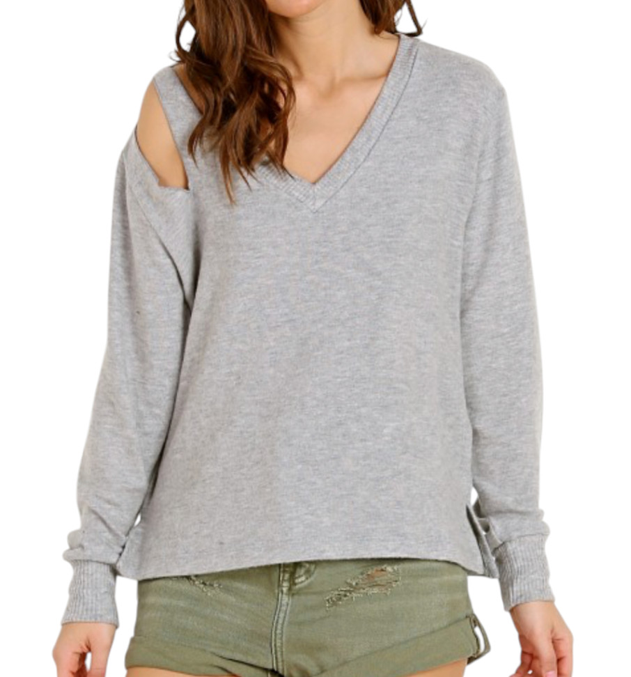 LNA CLOTHING Light Gray HAWK SWEATER Cut-Outs at Shoulder TENCEL Super Soft XS