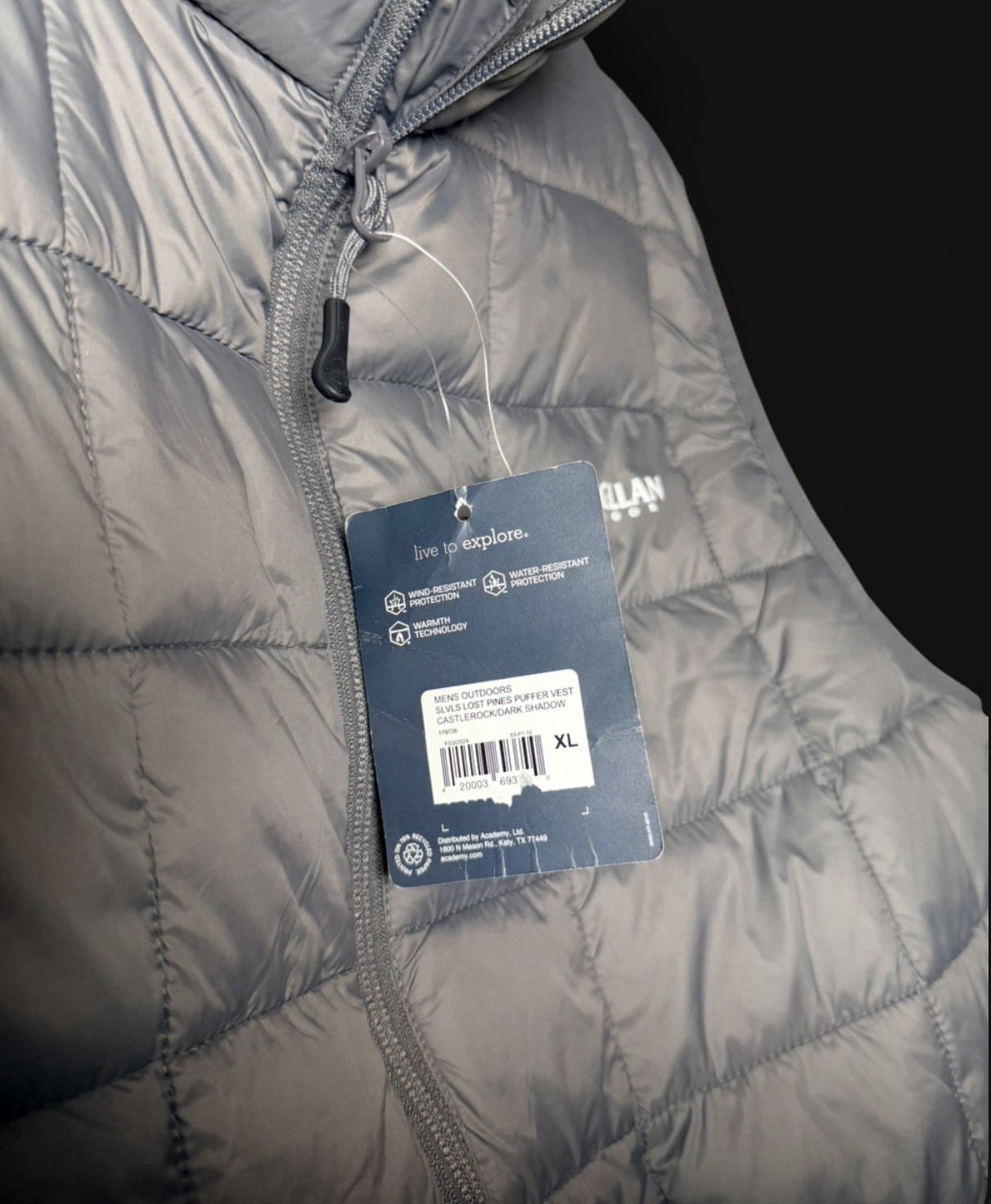 Magellan Outdoors Men’s Gray Full-Zip Quilted Stand-Up Collar Vest XL