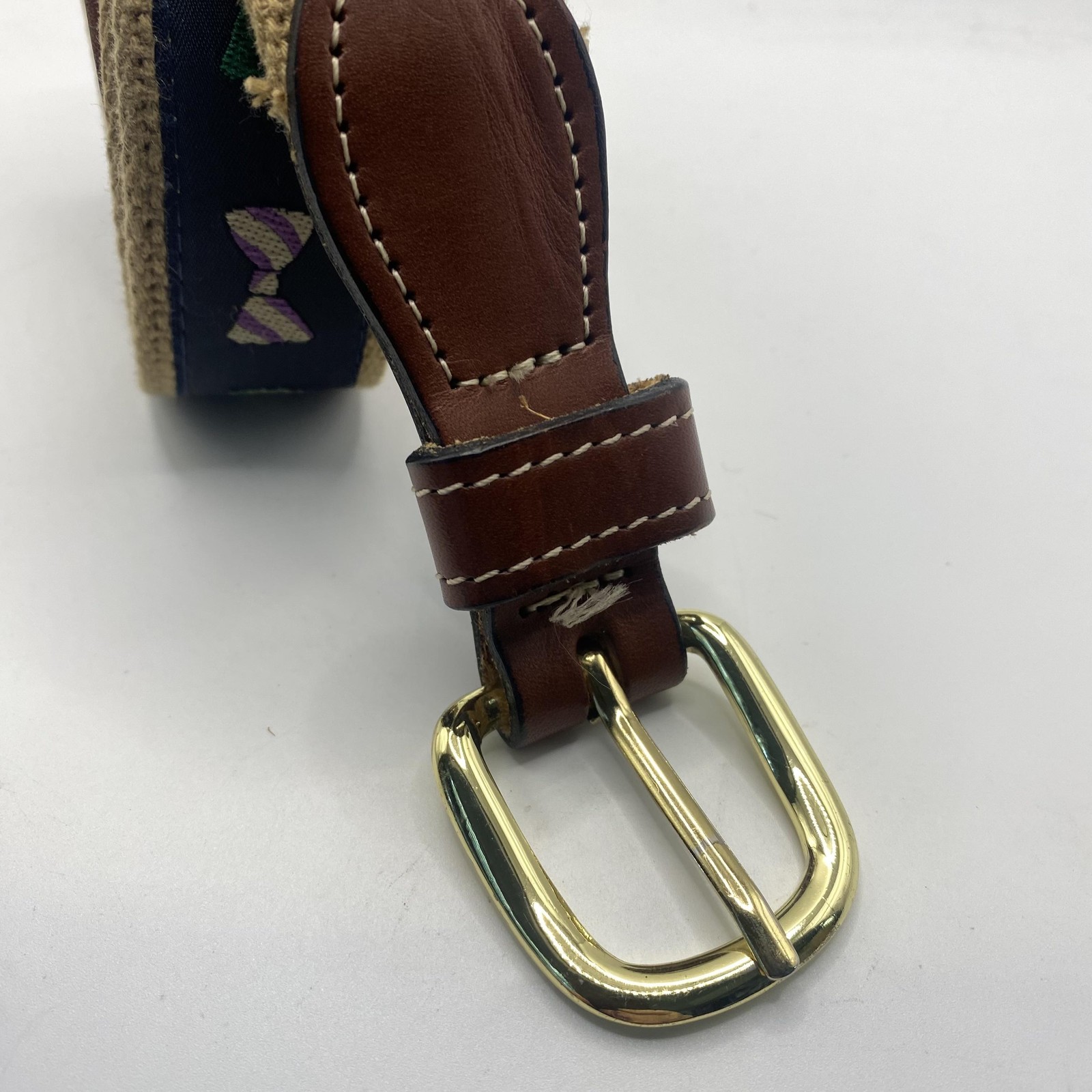 Bow Tie Ribbon Web Belt Mens 32 Navy Canvas Leather Brass Buckle Preppy