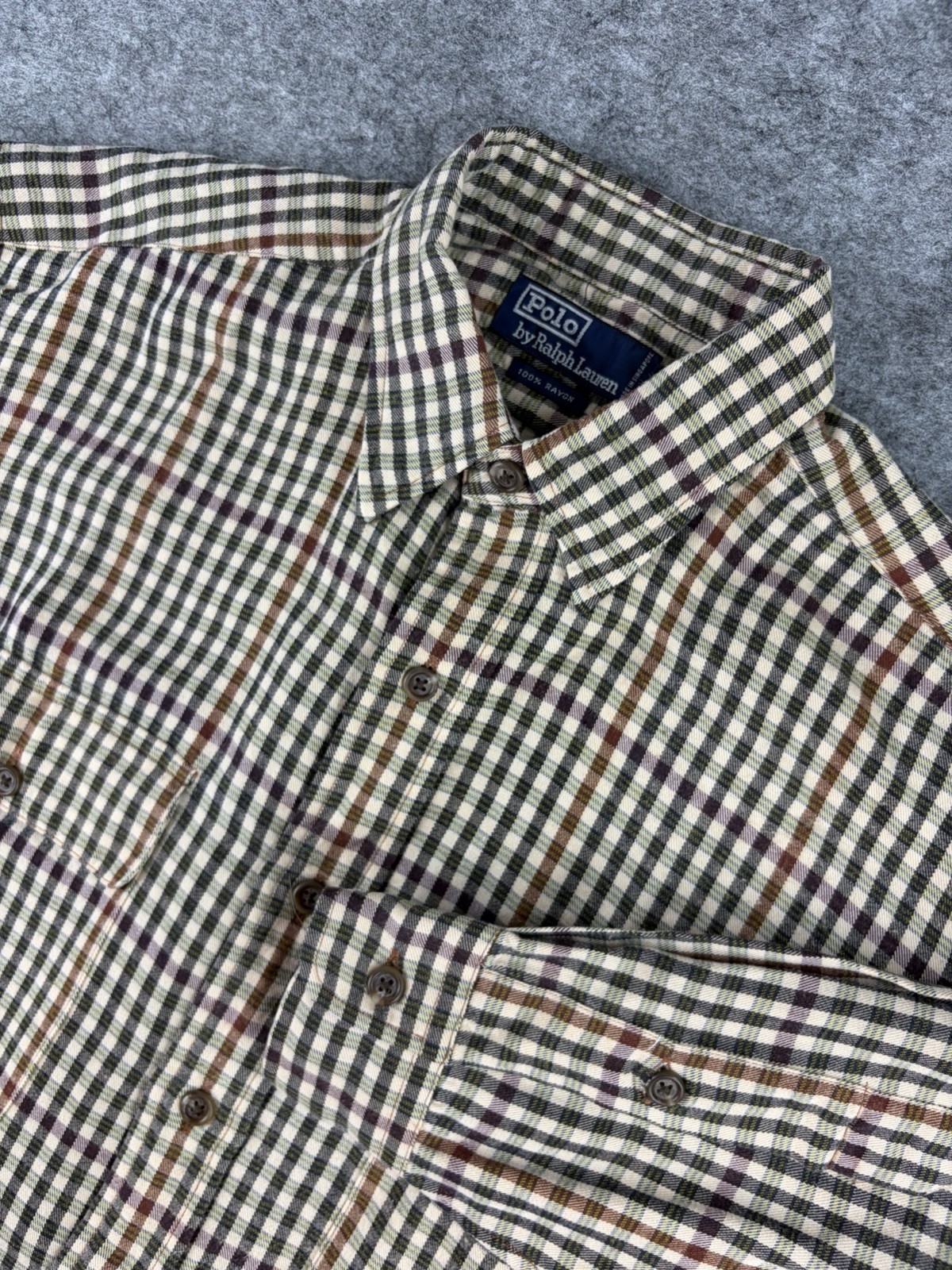 Vintage Polo Ralph Lauren Shirt 90s Long Sleeve Mens Medium Check 100% Rayon