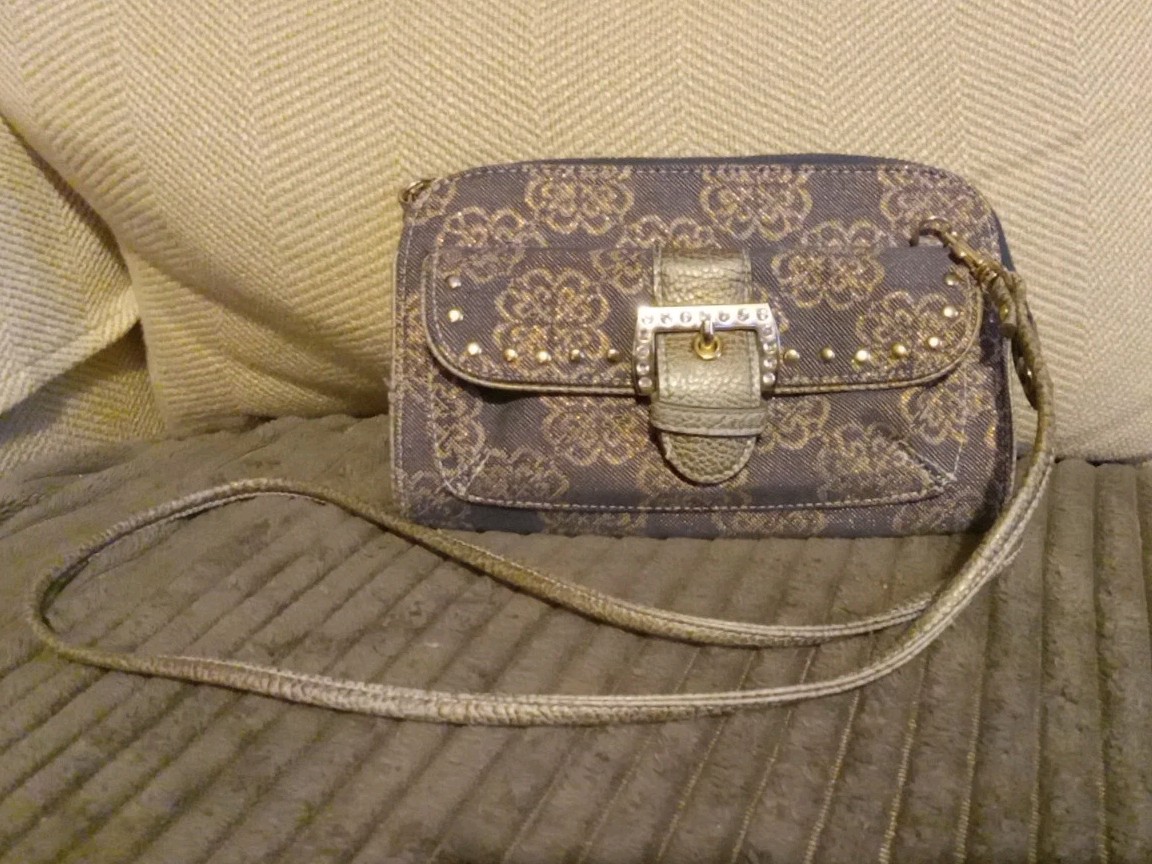 KATHY VAN ZEELAND Crossbody Clutch Purse • Denim Glitter Studs Jewels Buckle