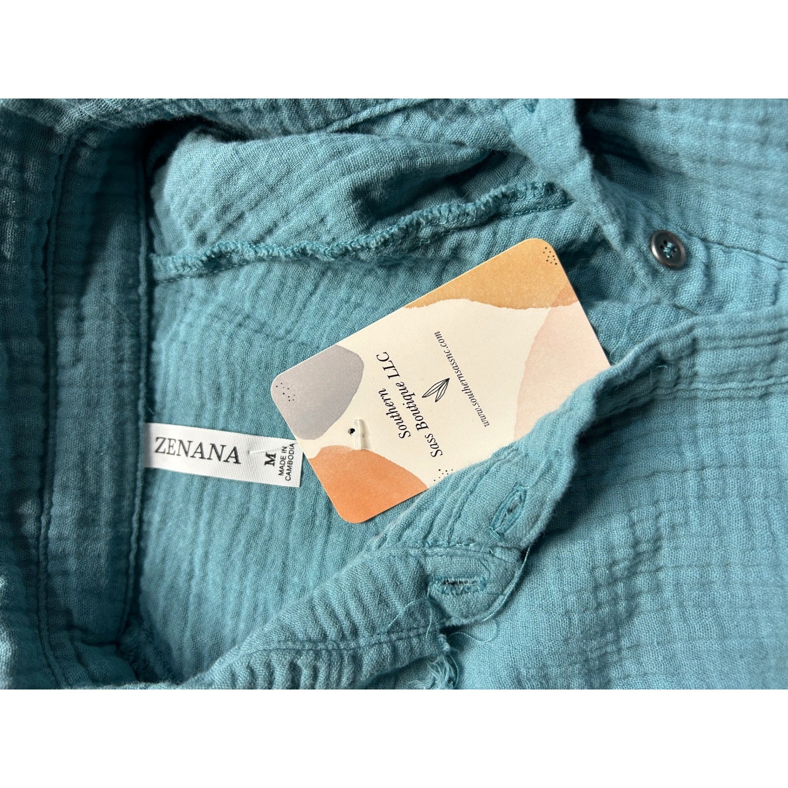 ZENANA Muslin Gauze Button Down Shirt Tunic Teal Blue Size M