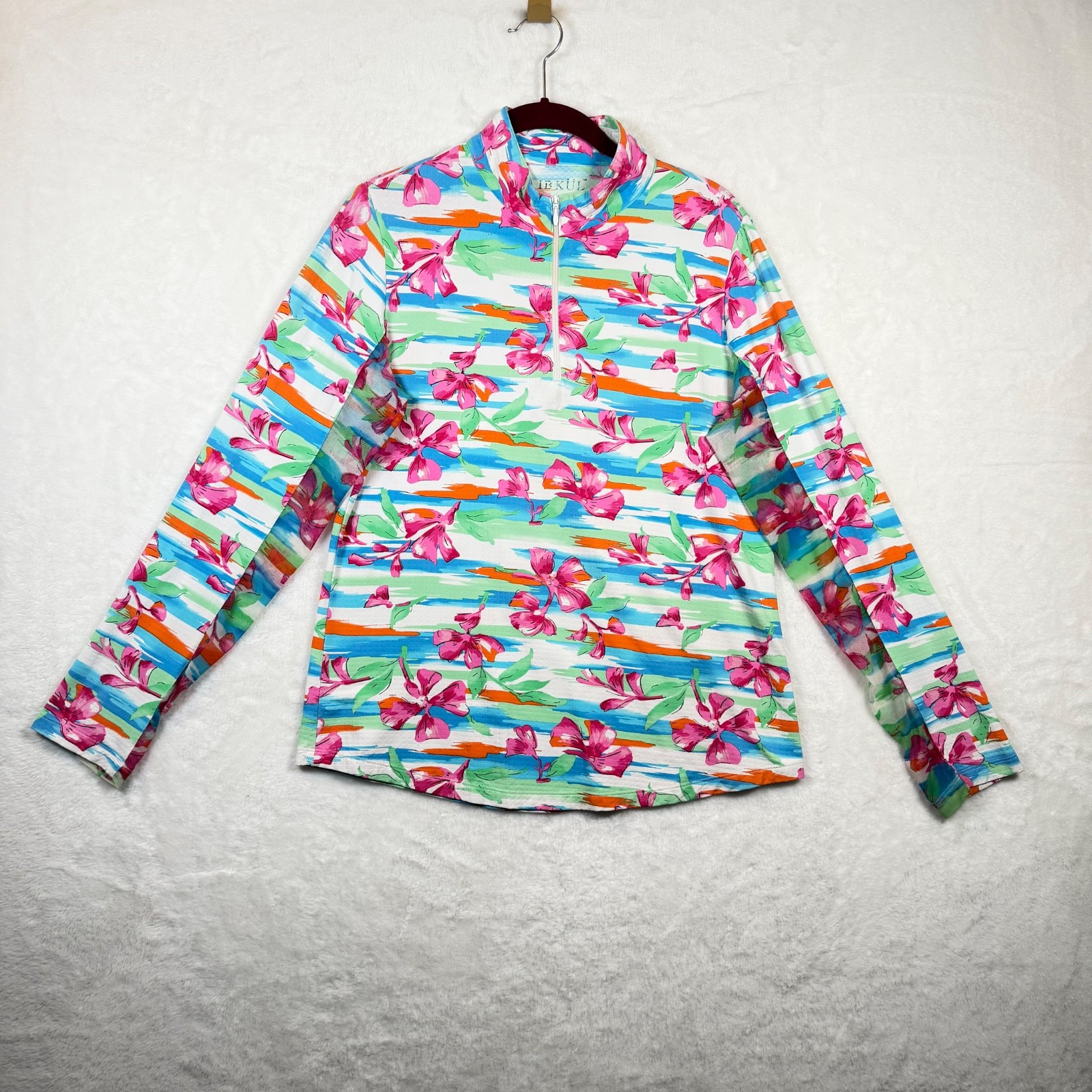 IBKUL Women’s M Floral 1/4 Zip Long Sleeve UPF Golf Pullover Pink Blue Top