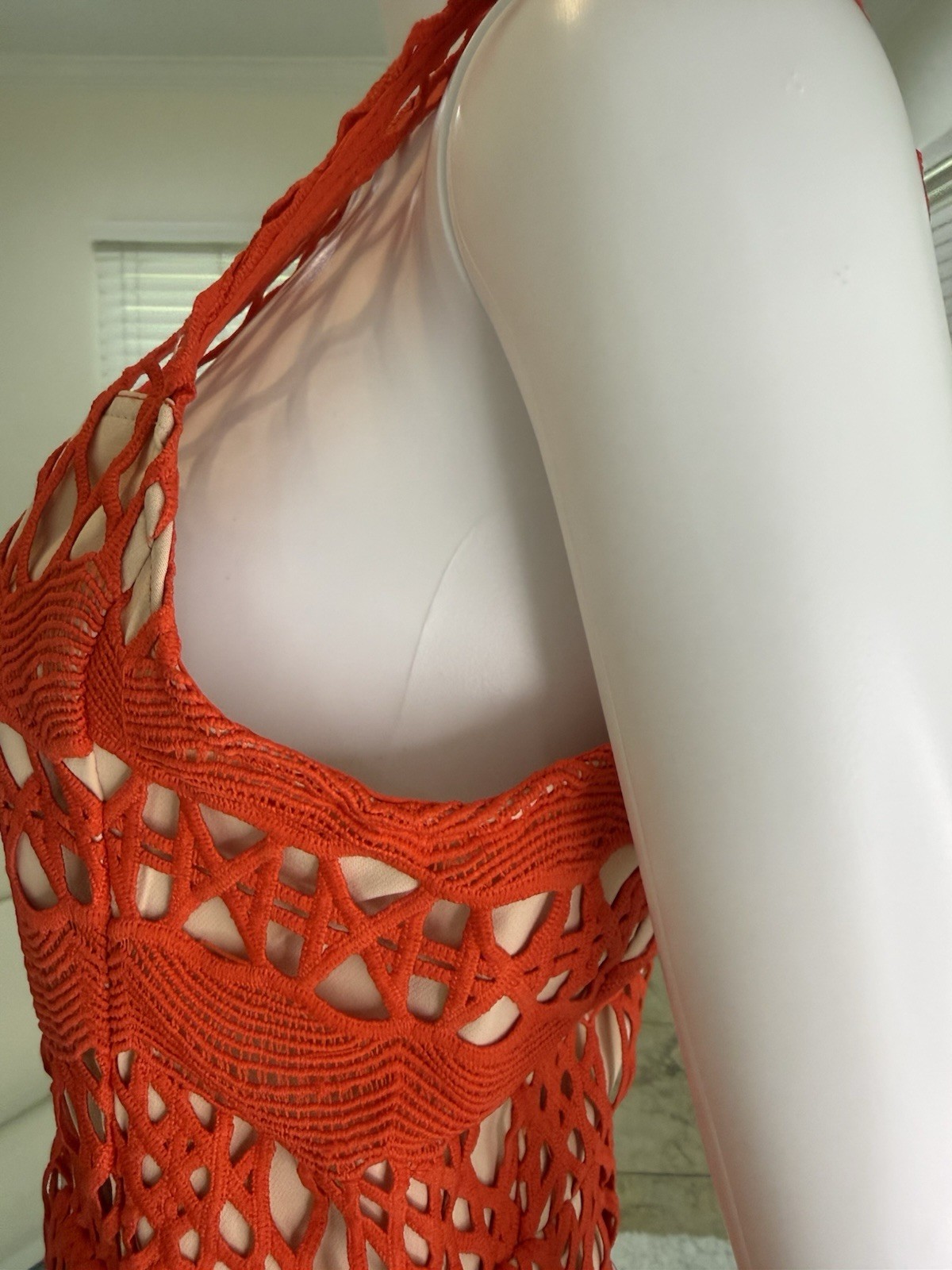 Endless Rose Women’s Guipure Lace Bodycon Dress in Orangish-Red/ Chili Size M