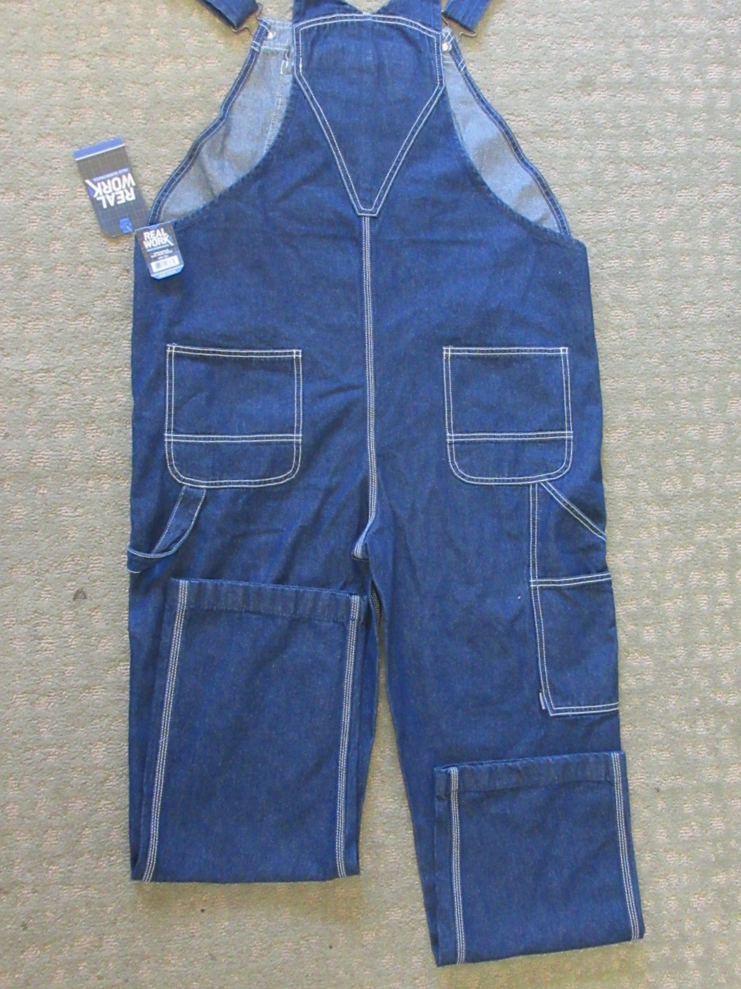 Real Work Men’s Denim Bib Overalls Carpenter Zip Fly Size 42×32 Relaxed Fit NWT