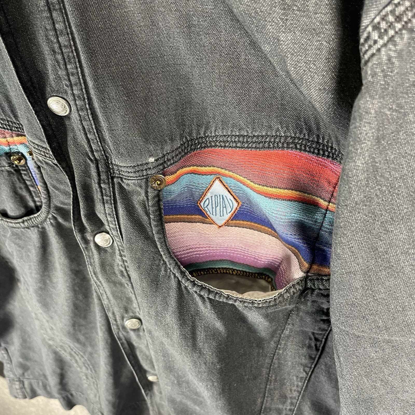 Replay Denim Chore Jacket Mens Large Grey Multicolour Aztec Panel Button Up