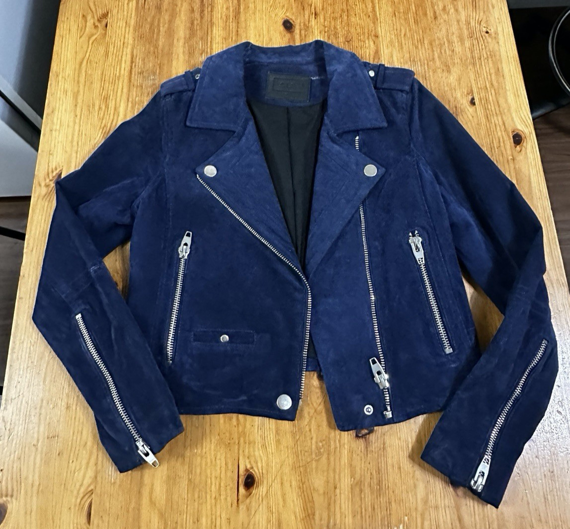 SL8 Moto Jacket Blue Leather Suede Silver Zippers Urban size Small