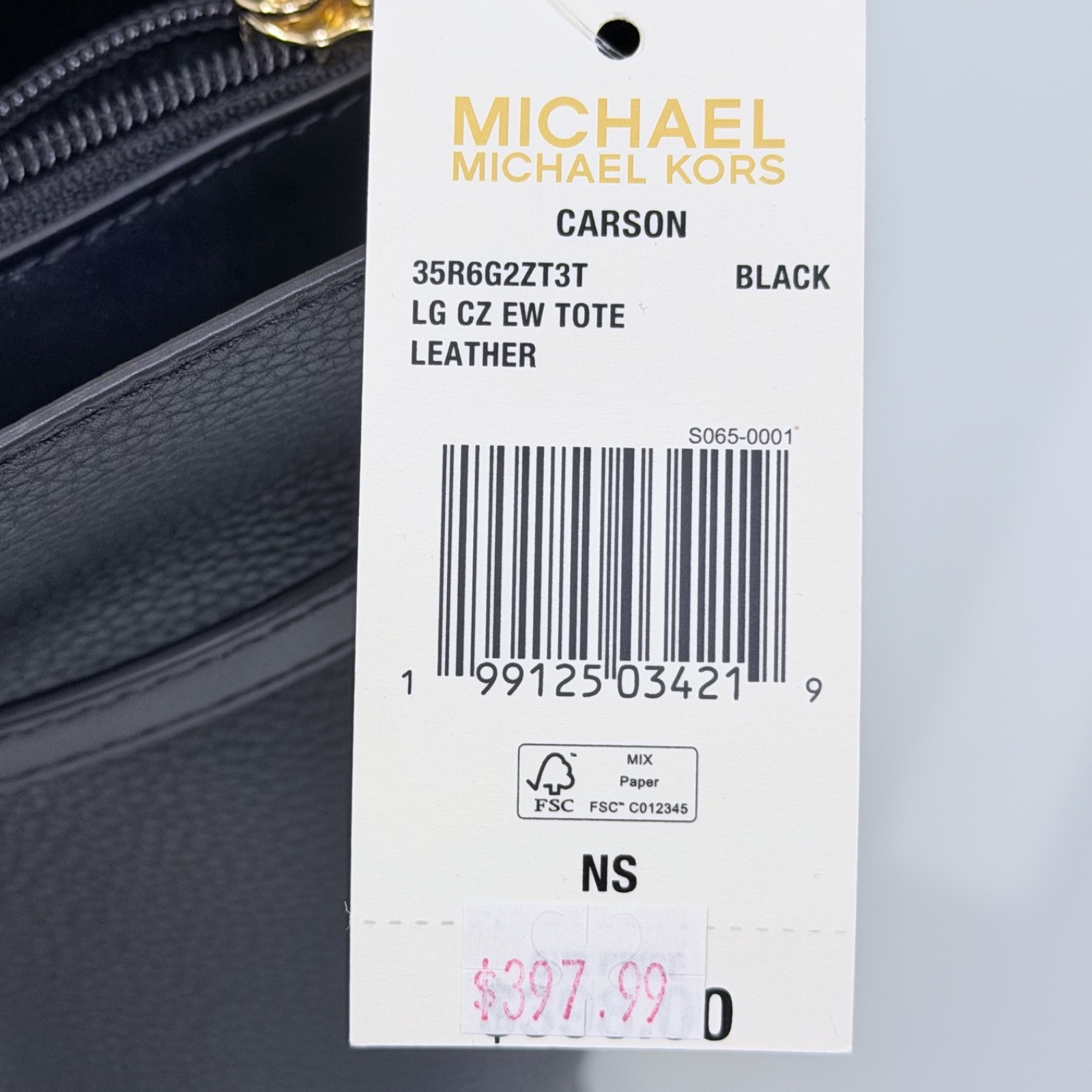 MICHAEL KORS CARSON LARGE TOTE CENTER ZIP LEATHER BAG BLACK