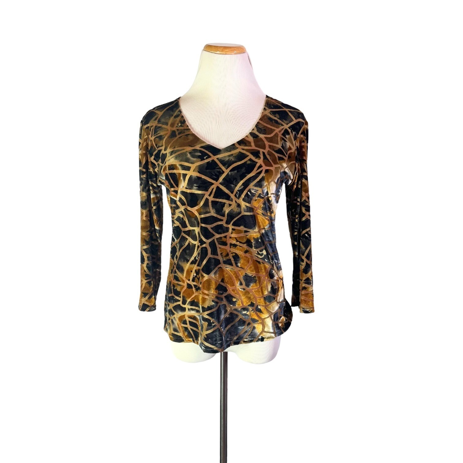 Vintage Y2K Nicola Size S Stretchy Burnout Velvet Top 3/4 Sleeves