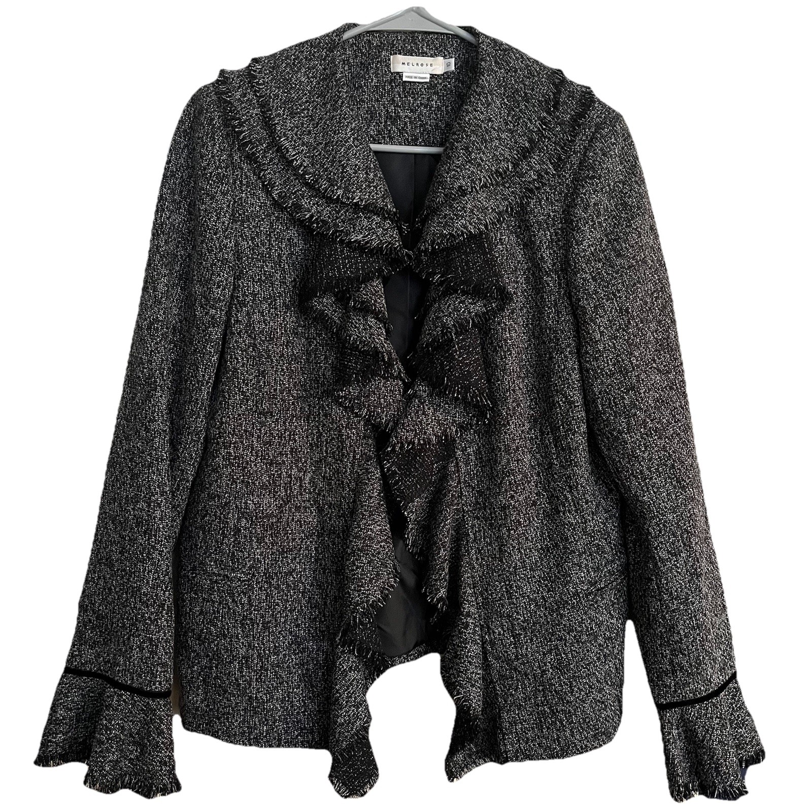 Gray Cascade Ruffle Jacket Women’s 10 Bell Sleeve Velvet Trim Blazer Victorian