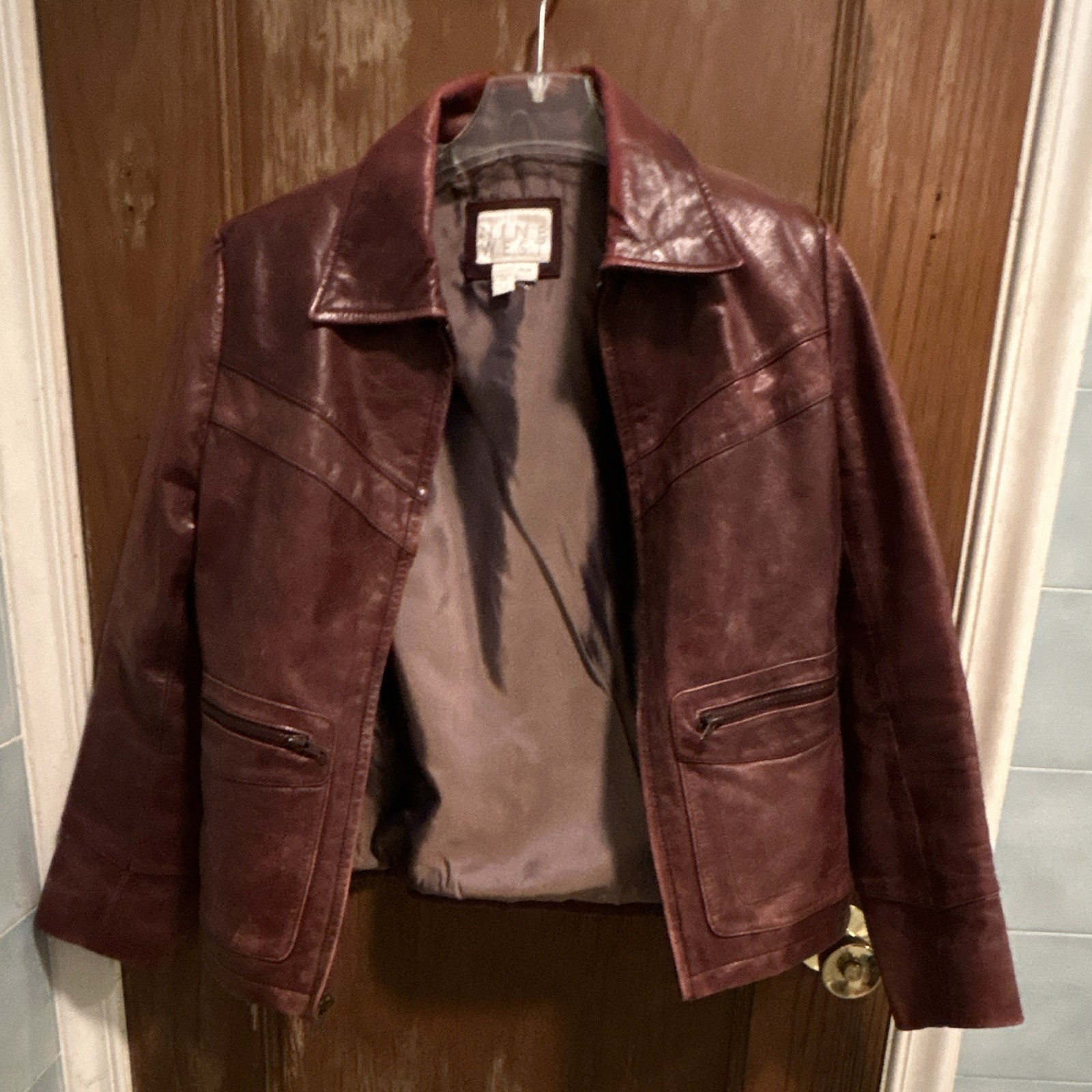 Nine West Women’s Burgundy Leather Zip Lined Jacket, Size M, Short, Long Sleeve