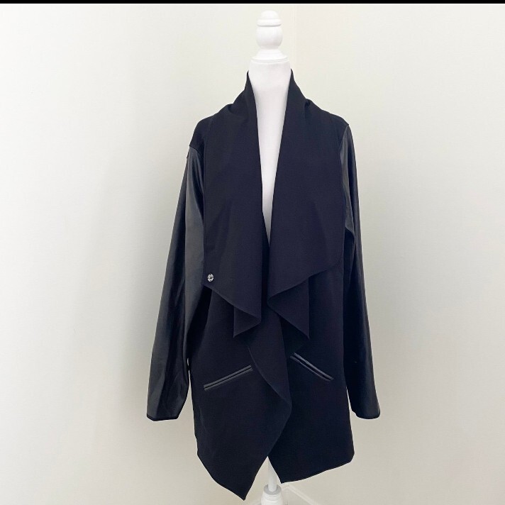 SPANX NWT Drape Front Jacket Very Black Ponte Faux Leather- Size Large