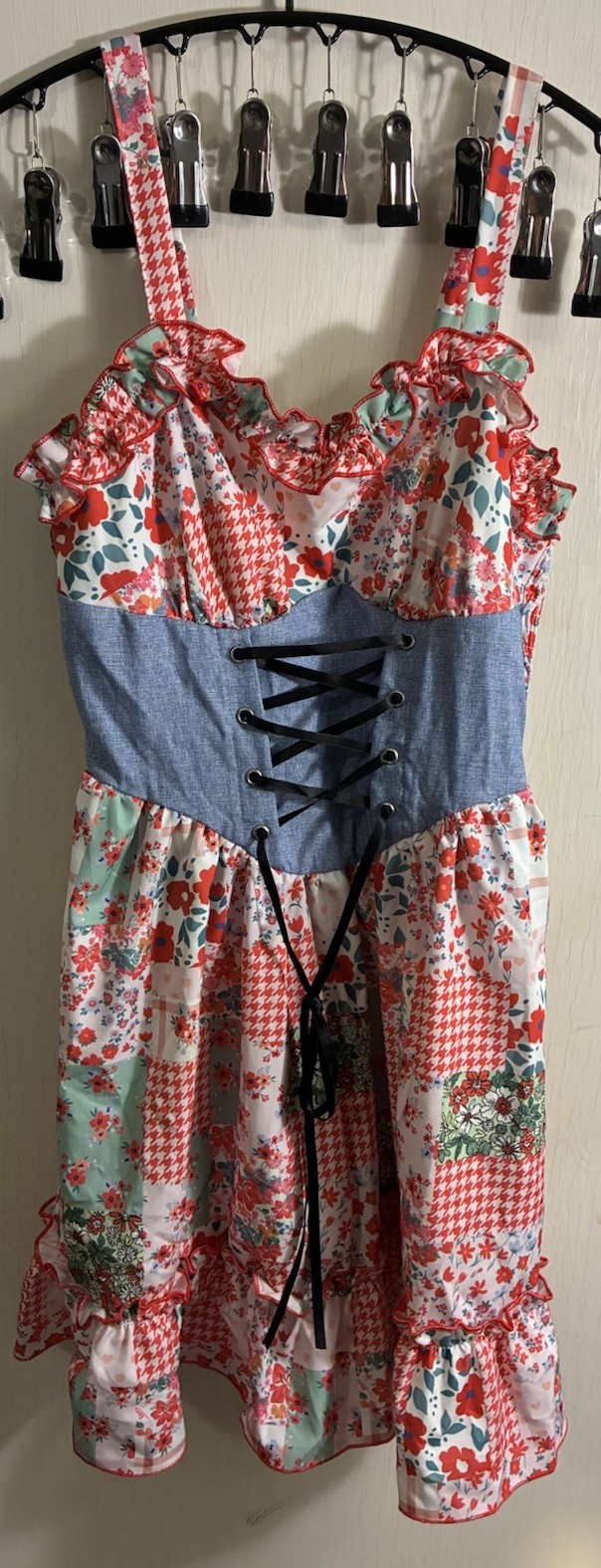 SHEIN Cottagecore Patchwork Floral Dress XS Cottage Lace Up Corset Smocked