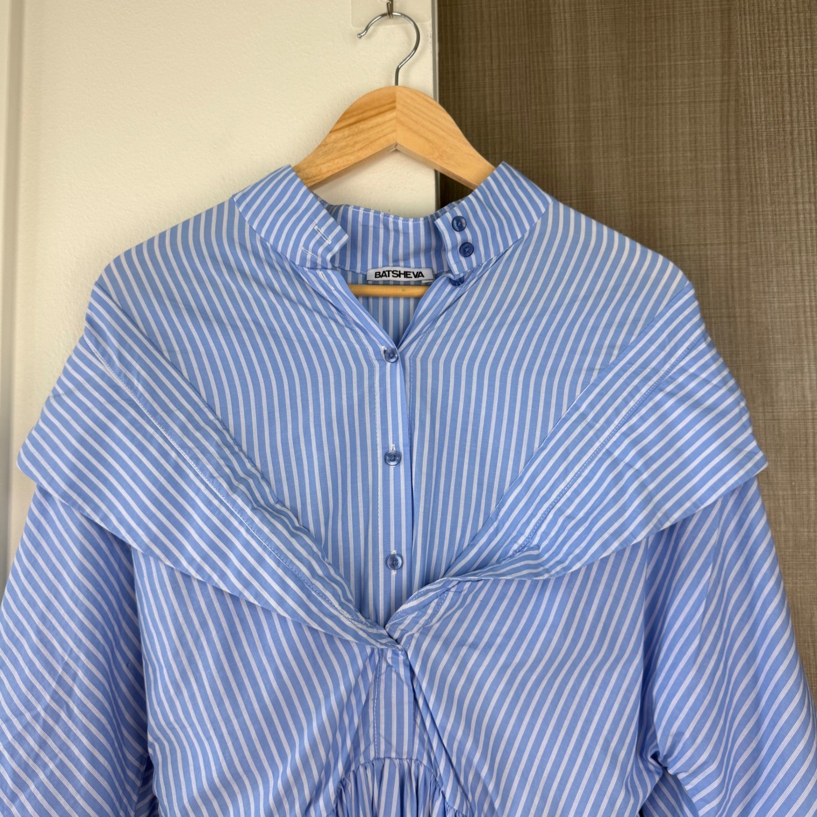 Batsheva Blue White Striped Sailor Collar Cotton Midi Dress Pockets Size Large