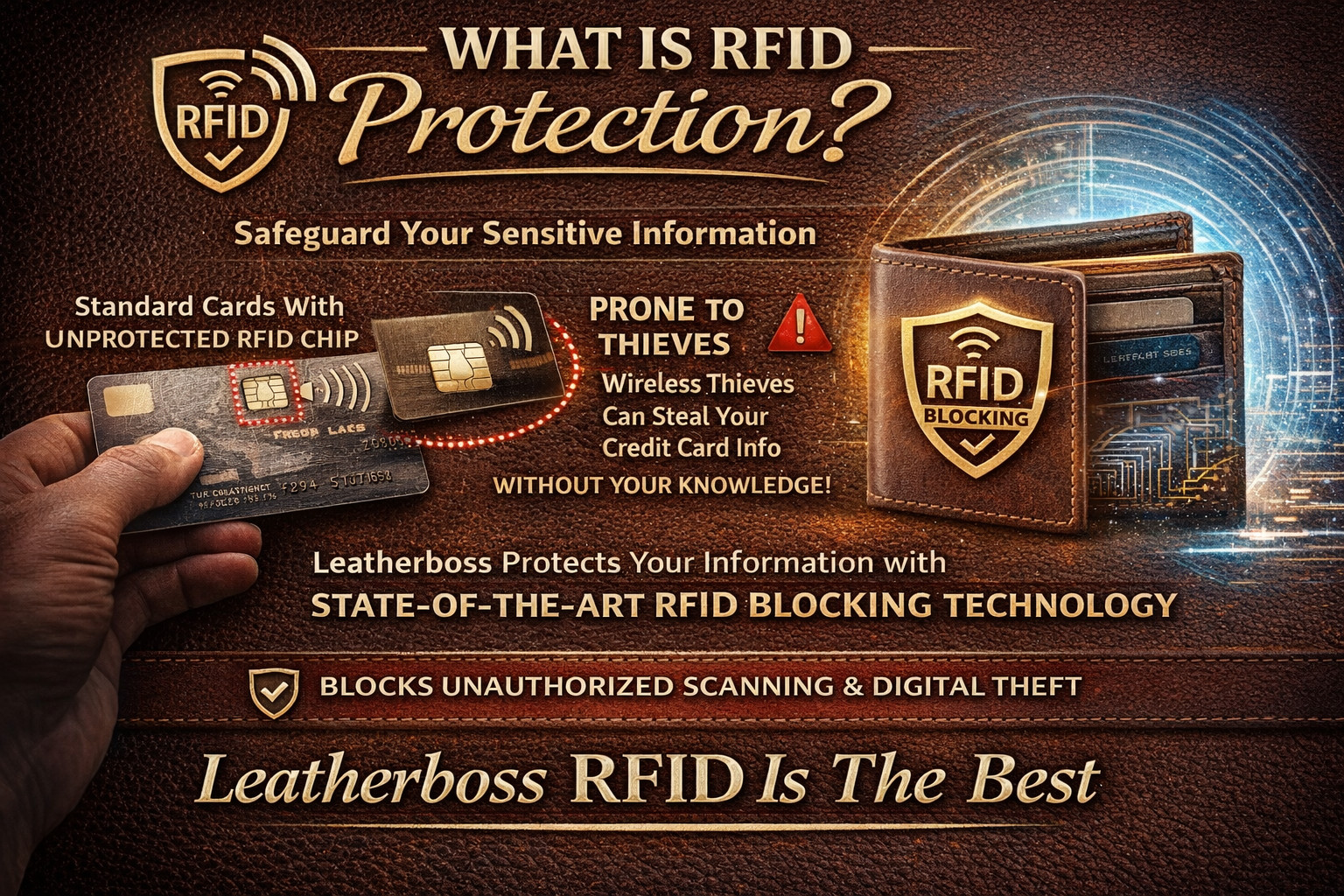 Leatherboss Mens RFID Blocking Hunter Leather Credit Card ID Trifold Wallet