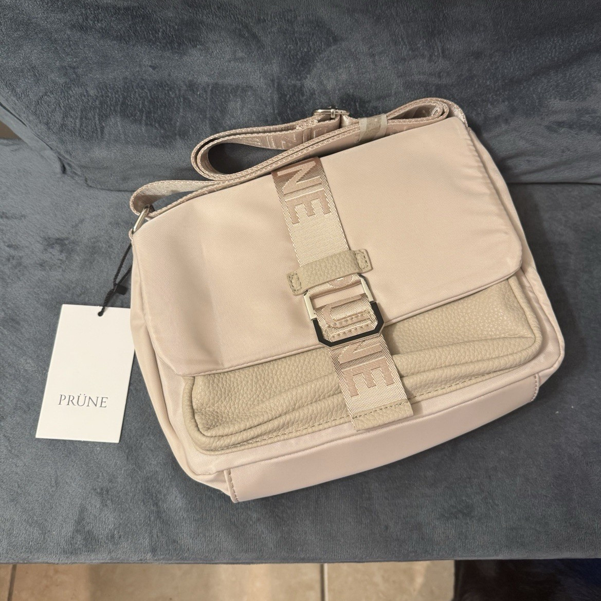 PRÜNE Beige Crossbody Bag Logo Strap Buckle/Zip Closure Silver Hardware Dust Bag