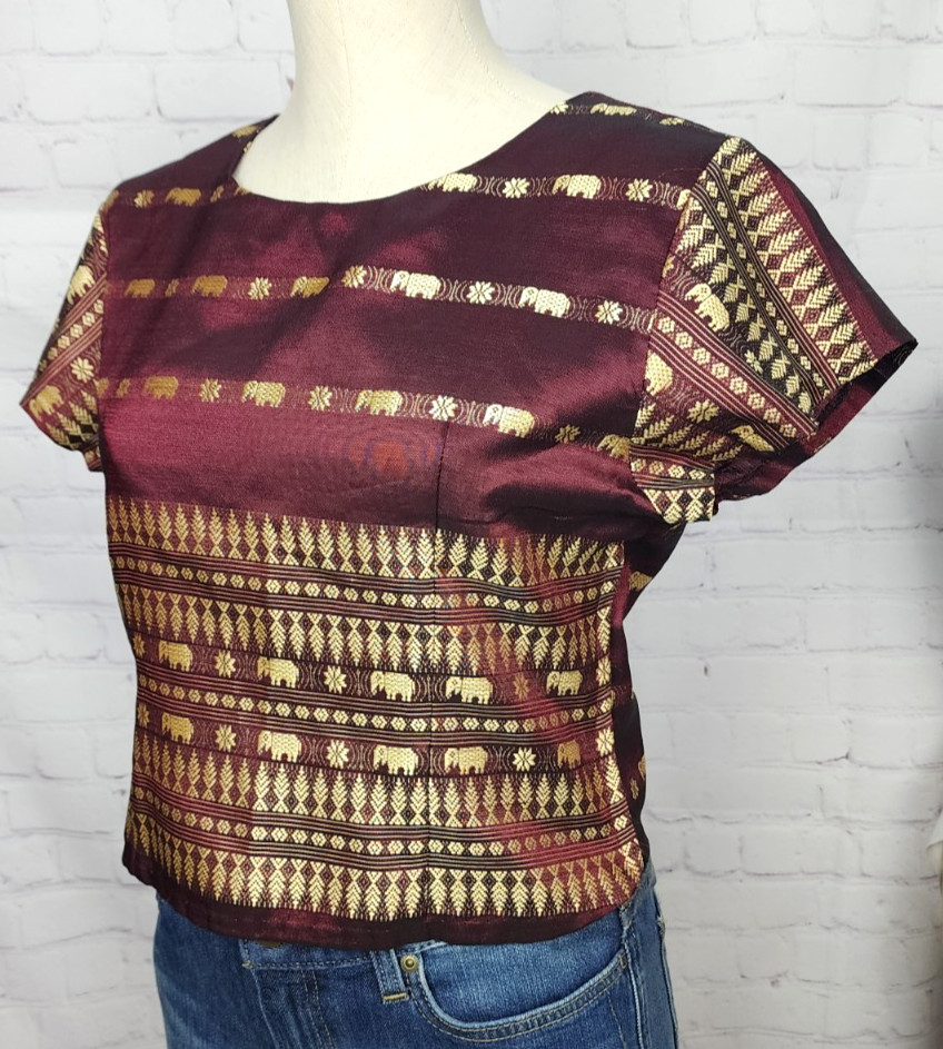 Thai Silk Blouse Top Embroidery Elephants Burgundy Gold Boho Bollywood Tribal L