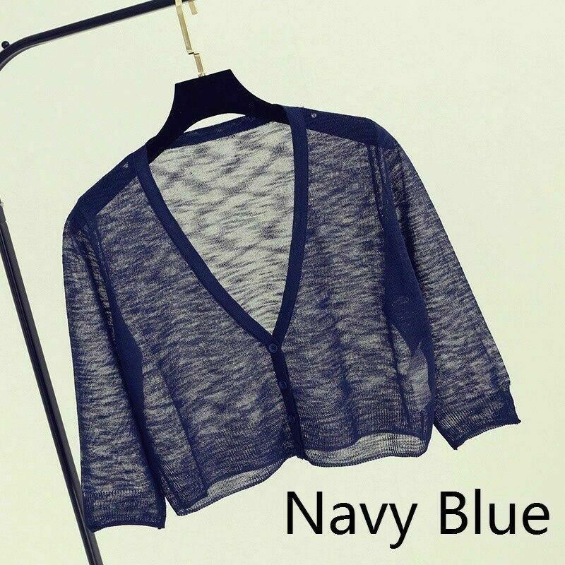 Women Sweater Shrug Crop Top Coat 3/4 Sleeve Knit Cardigan Button Down Sheer