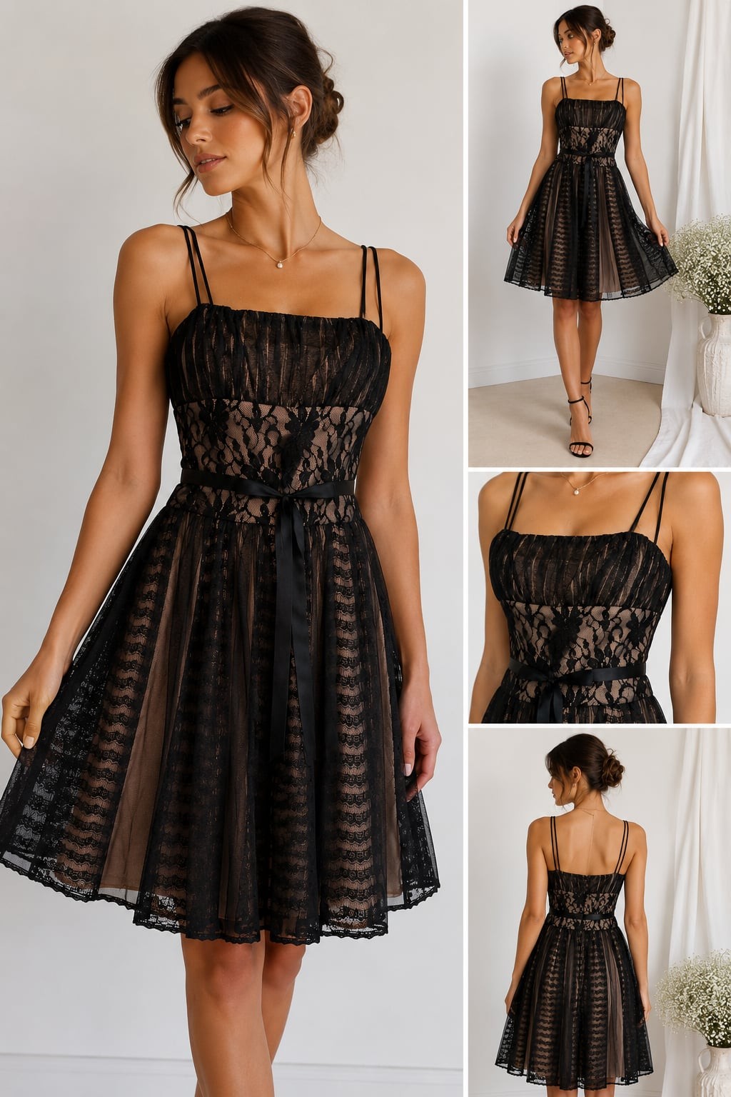 OC by OC Black Lace Overlay A-Line Mini Dress with Satin Ribbon Belt
