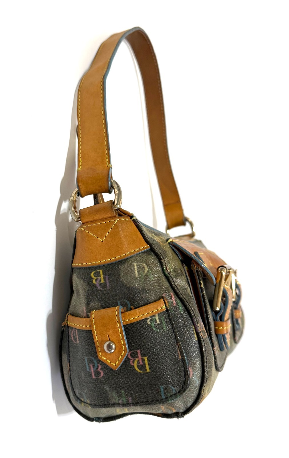 NICE VTG DOONEY & BOURKE Y2K MULTICOLOR DB COATED CANVAS DOUBLE POCKET HANDBAG