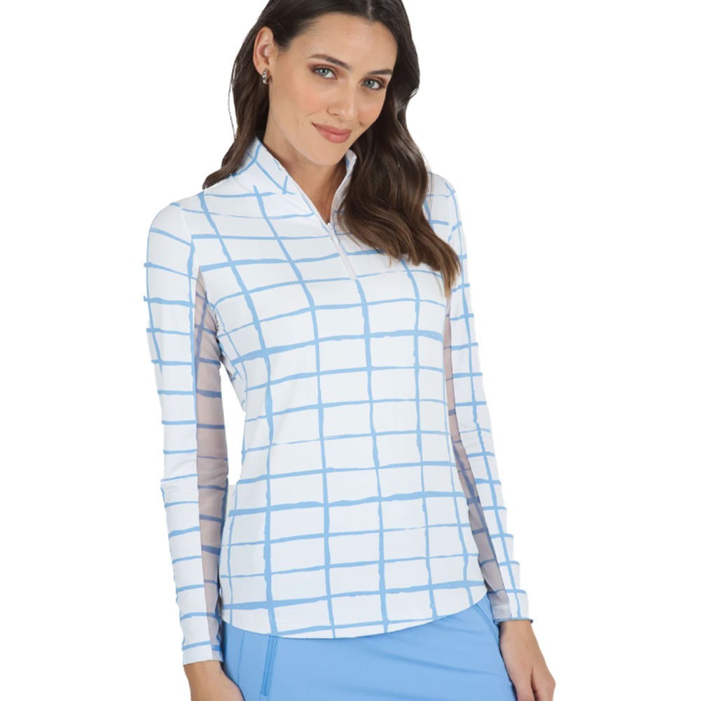 $101 IBKUL Women’s Cordova Print Long Sleeve Mock Neck Top-White/Turq-XSmall-New