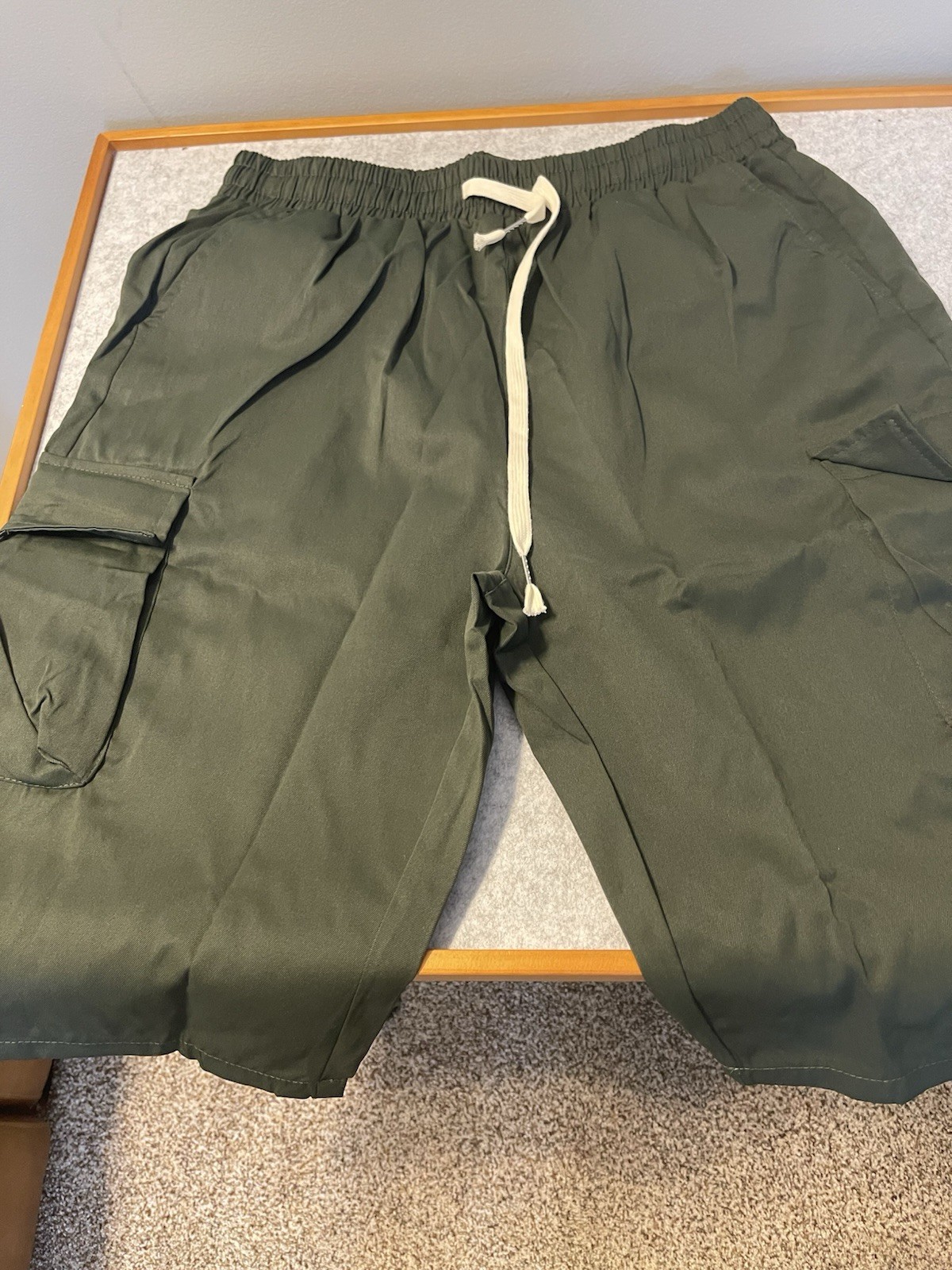 Men’s Green Cargo Pants Polyester Twill Regular Straight Elastic Waist 2XL