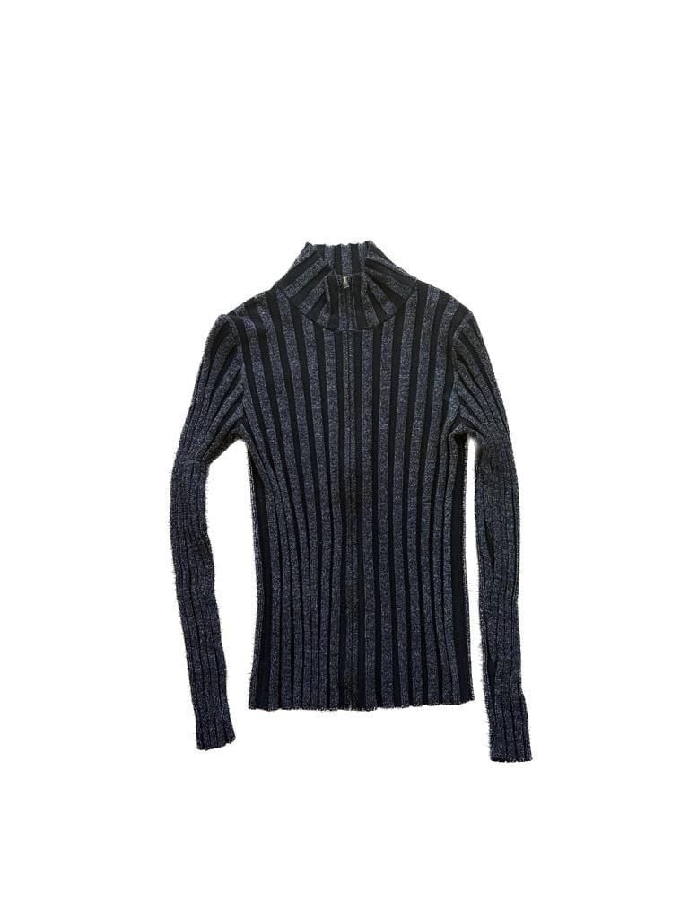 Pure Amici Metallic Silver and Black Ribbed Full-Zip Mock Neck Sweater