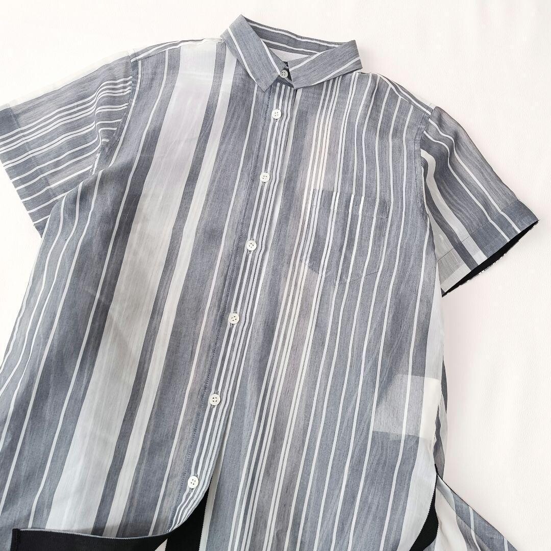 Sacai Sheer Striped Cotton Asymmetrical Short Sleeve Blouse Women S Auth
