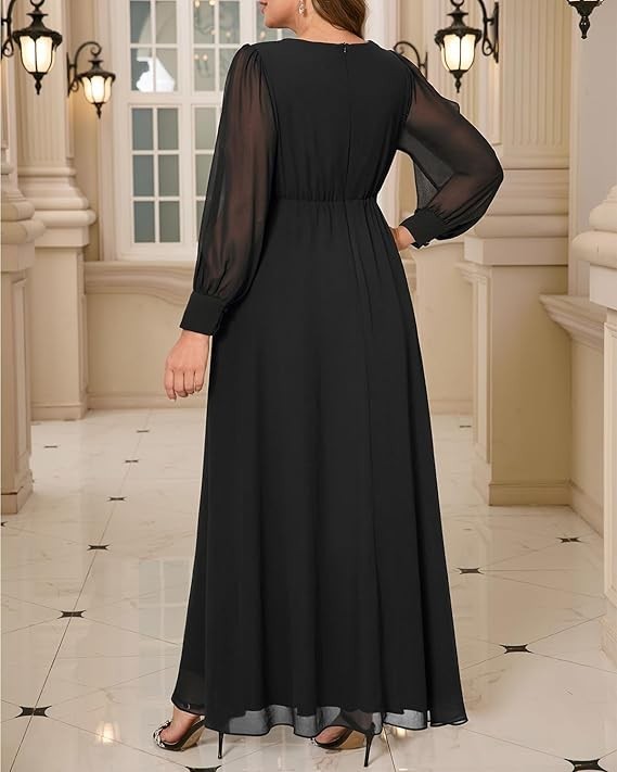 Women Plus Size Formal Dress Evening Gown Long Sleeve Chiffon Beading Maxi – 22W