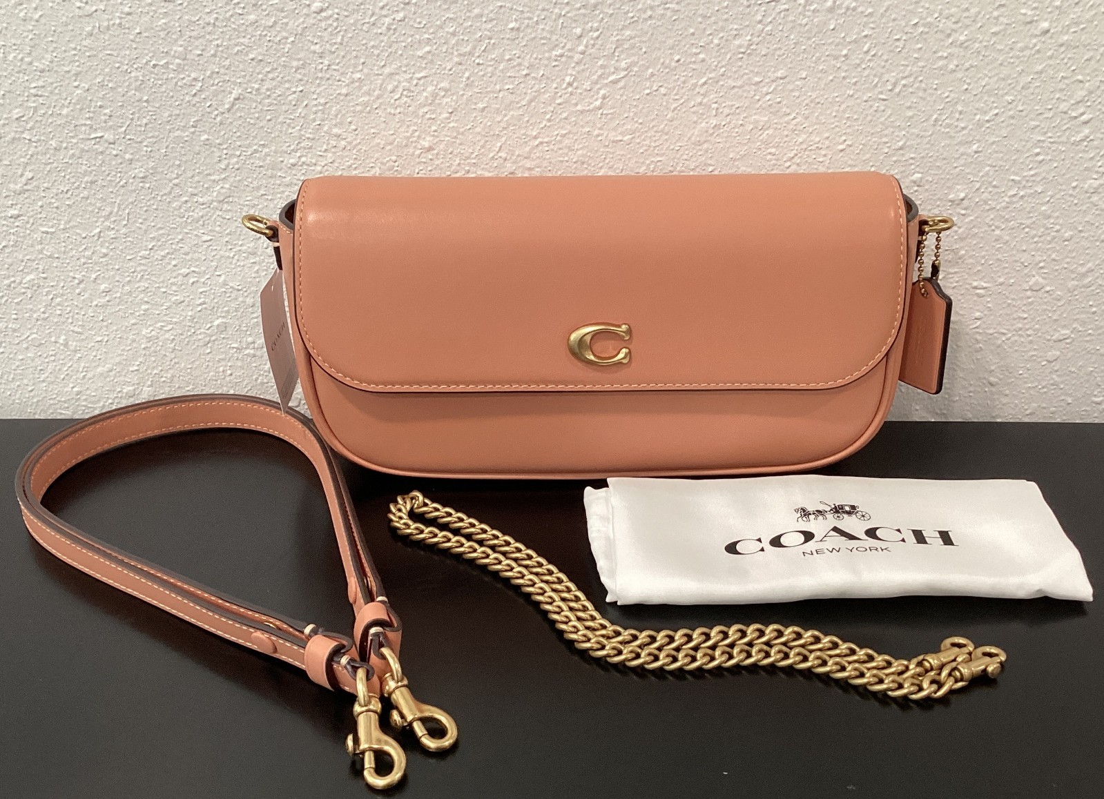 Coach Brook Flap Chain Bag 9.75″ x 4.75″ x 2.25″ CAN90 2 Straps Leather Peach