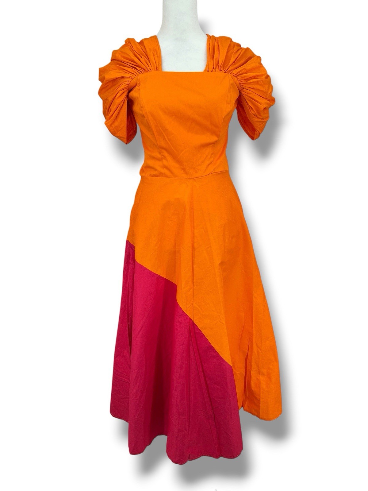 Colorblock Midi Dress Sz 6 Orange Pink Puff Slv Square Neck Dopamine Statement