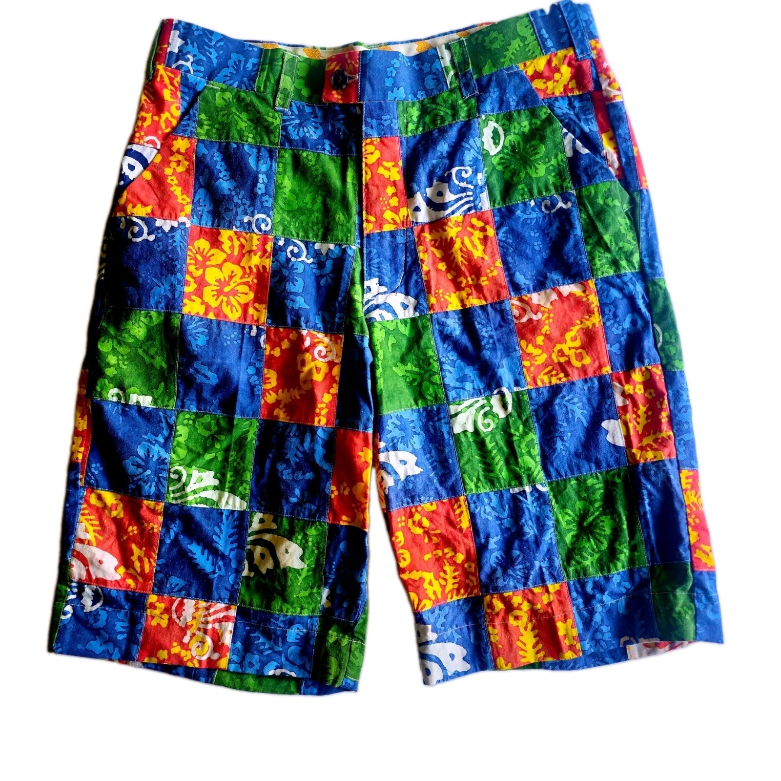 Loudmouth Madras Golf Shorts 32 Tropical Floral Checkered Cotton Flat Front