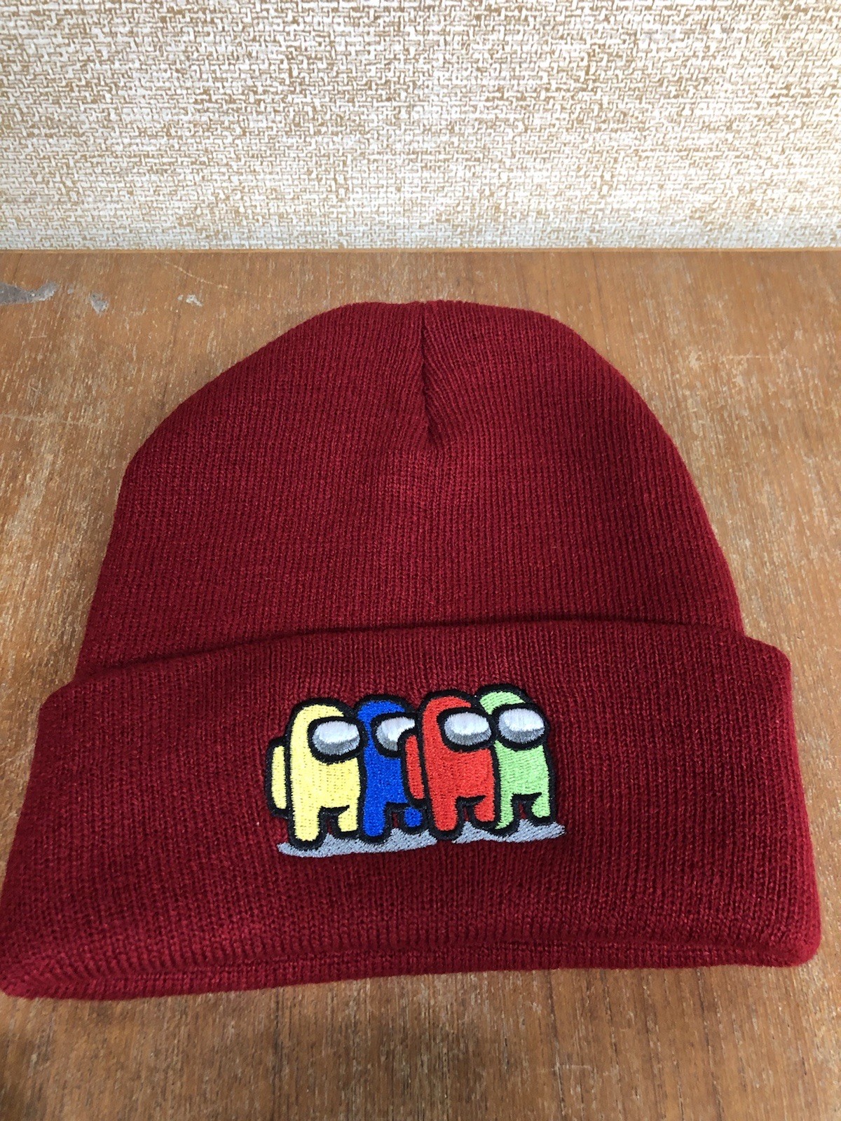 NWOT Embroidered Among Us MAROON Cotton Cuffed Knit Beanie Hat