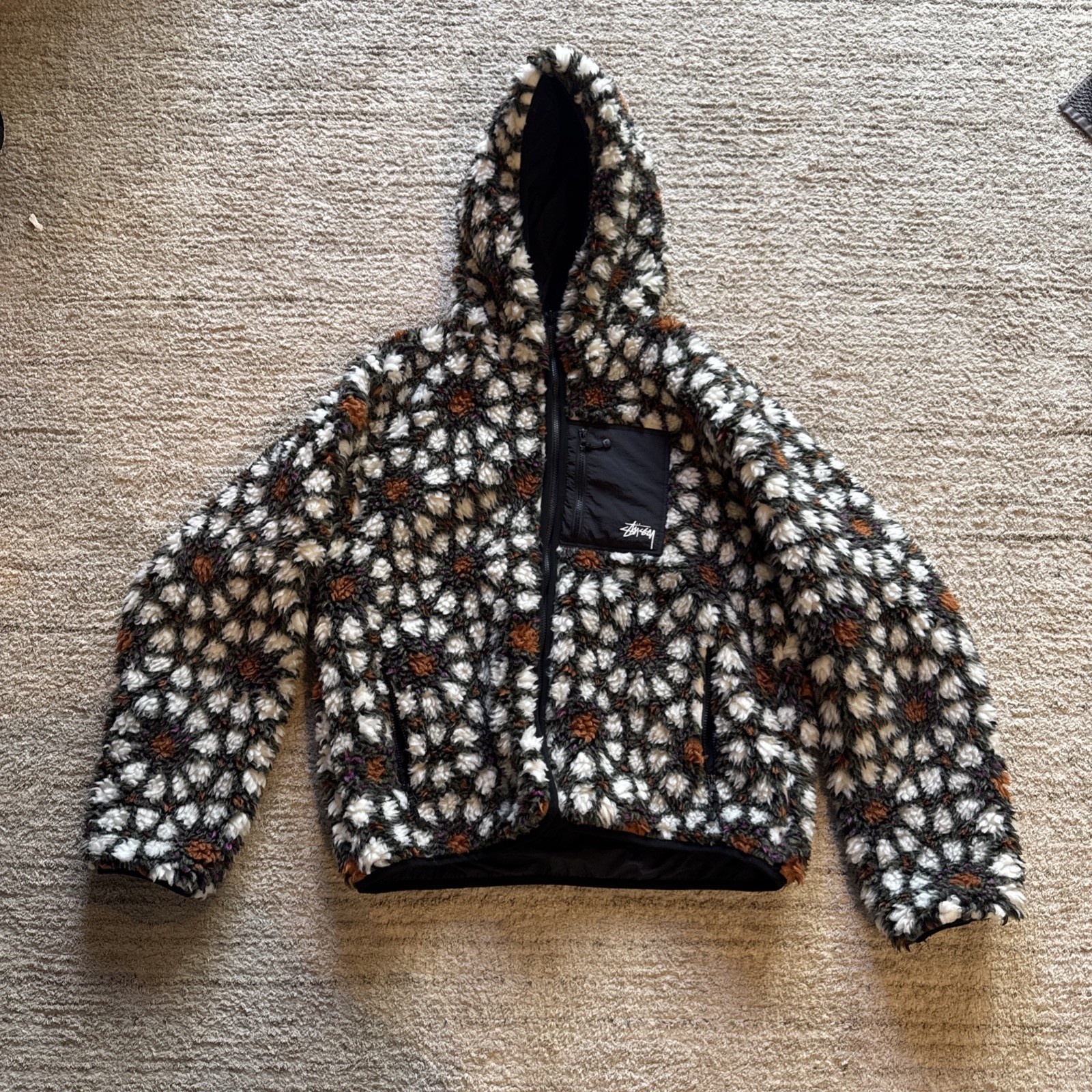 Stussy Pattern Sherpa Reversible Jacket Men’s Size XL Natural Authentic FW22