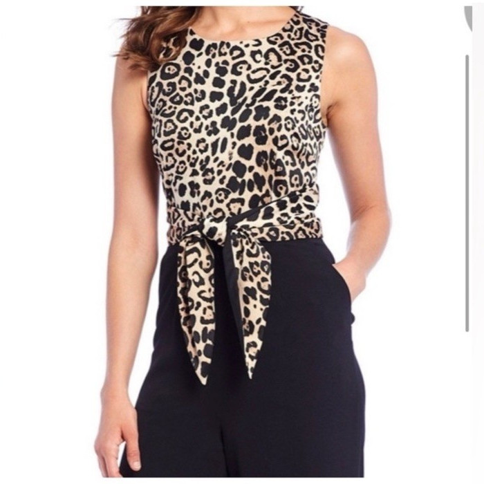 Alex Marie Leopard Print Satin Sleeveless Tie Waist Jumpsuit Pockets 4