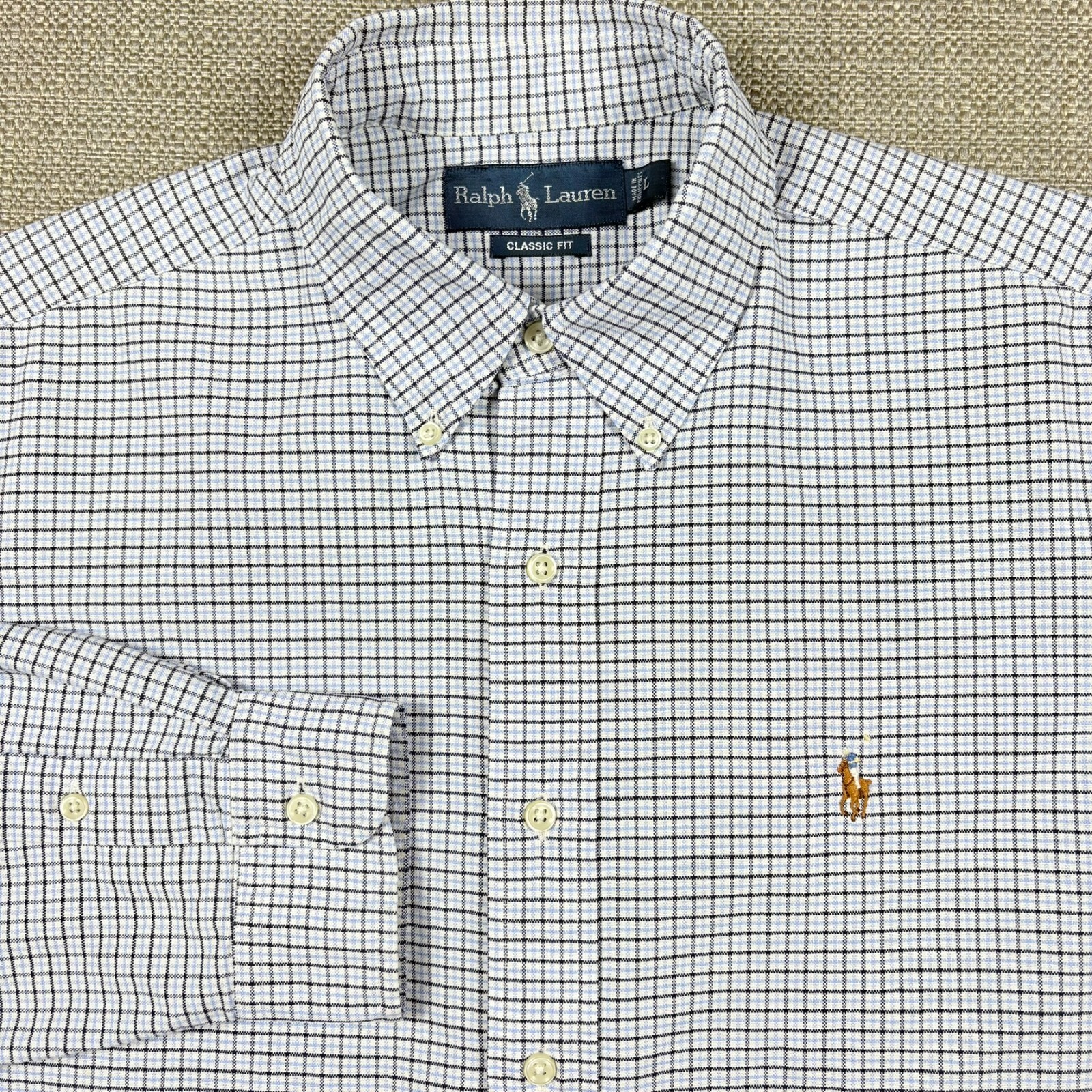 Ralph Lauren Men’s Shirt L Long Sleeve White Blue Black Plaid Classic Embroidery