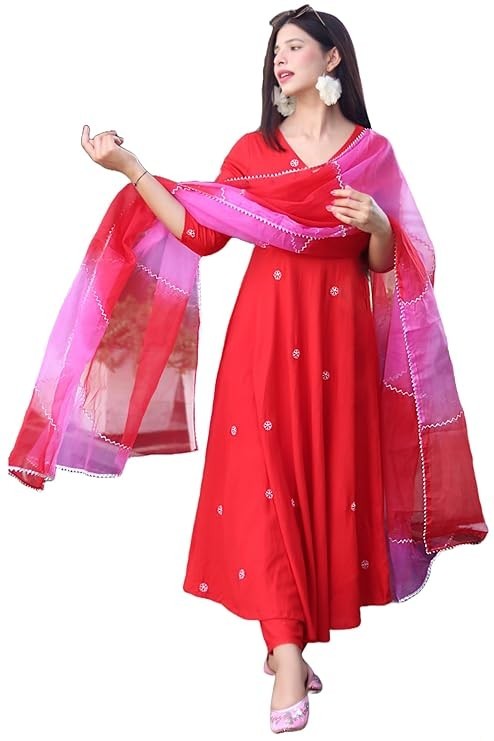 Women’s Cotton Blend Anarkali Embroidered Kurta with Pant & Dupatta
