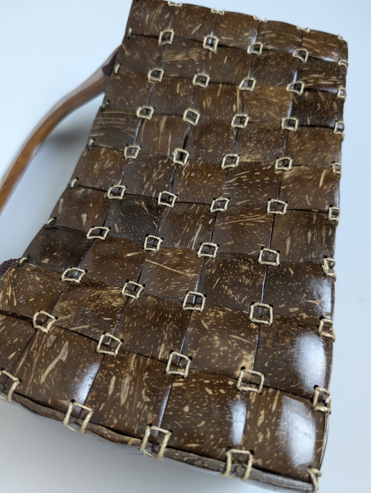 Handcrafted Brown Woven Coconut Shell Purse with Wooden Handles & Zipper Closure