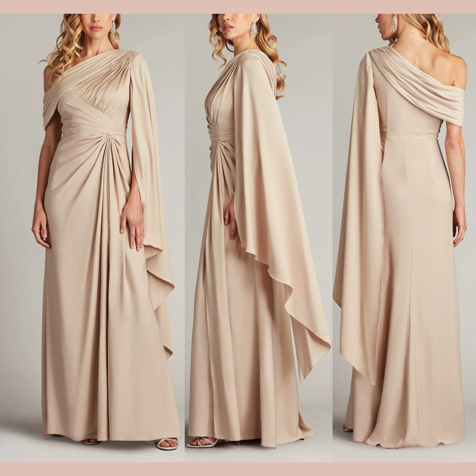 $598 Tadashi Shoji [ 6 ] Ember One Shoulder Cape Sleeve Gown Champagne J2359