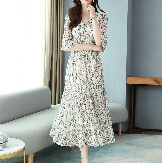 Women’s Floral Print V-Neck 3/4 Sleeve Beach Chiffon Long Maxi Dress Slim New