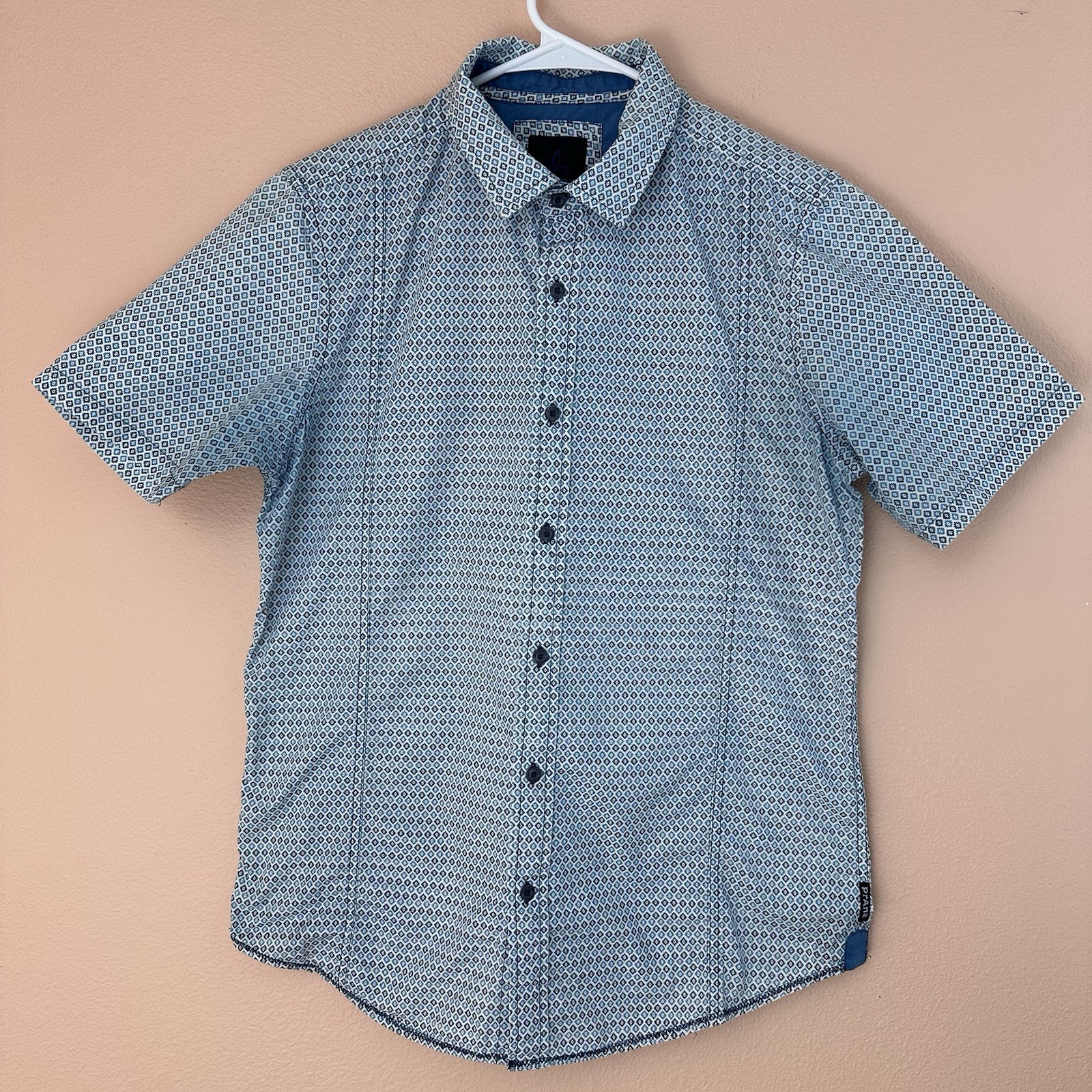 Prana Mens Medium Organic Cotton Short Sleeve Button Down Shirt Blue Print