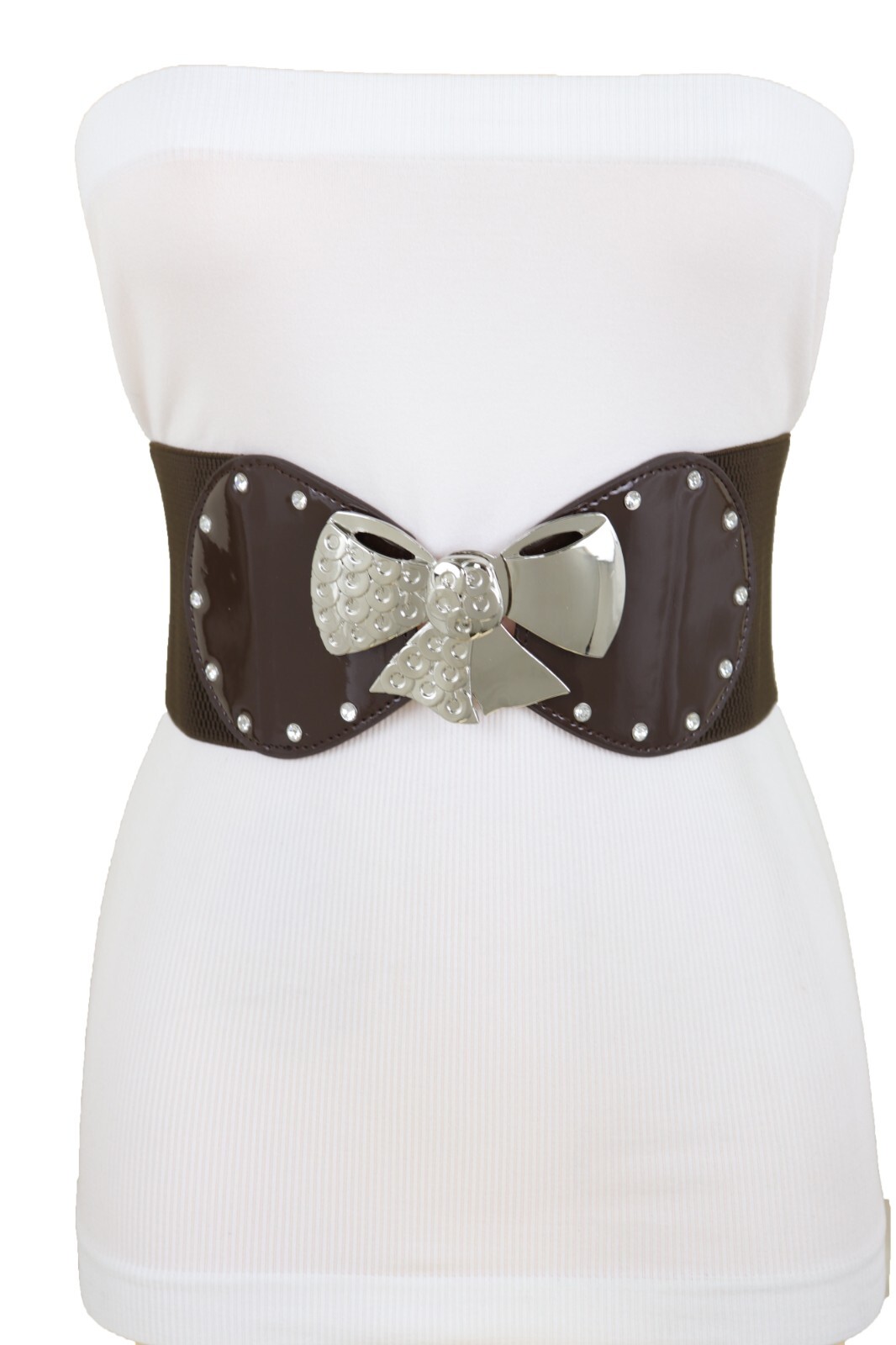 Women Dark Brown / Gold Color Wide Fashion Belt Metal Bow Tie Ribbon Buckle S M