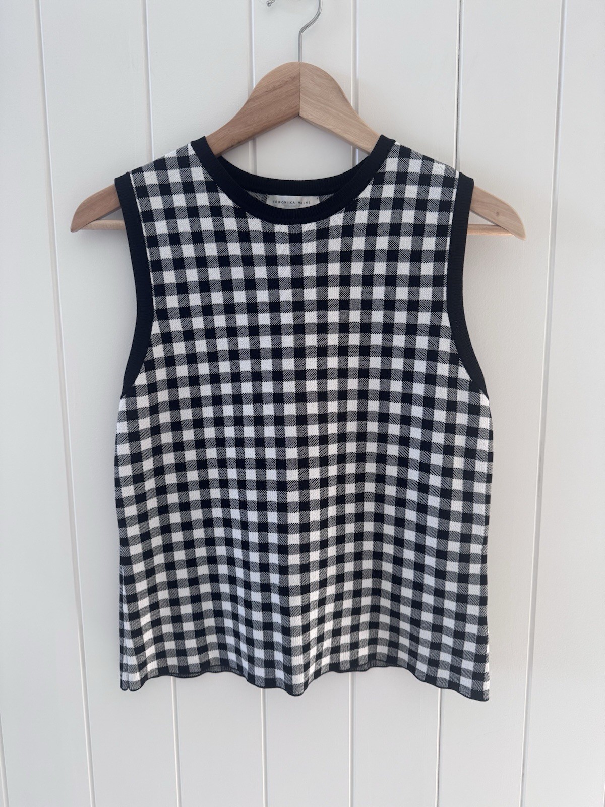 Veronika Maine Knit Vest Top Size L Black White Gingham Check Sleeveless