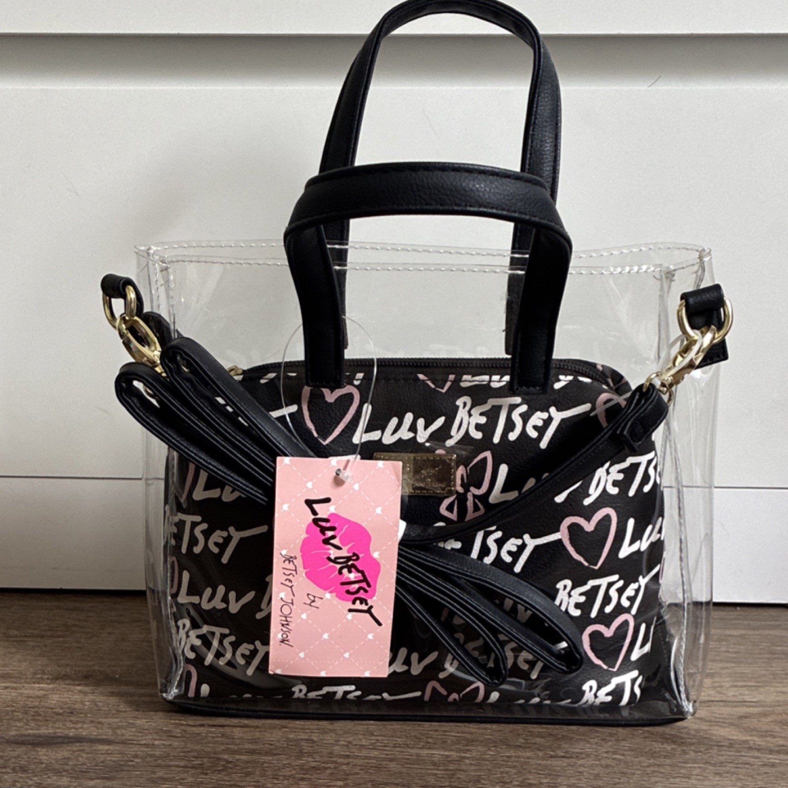 Luv Betsey by Betsey Johnson Clear/Black Small Satchel Zip, Heart Logo Strap
