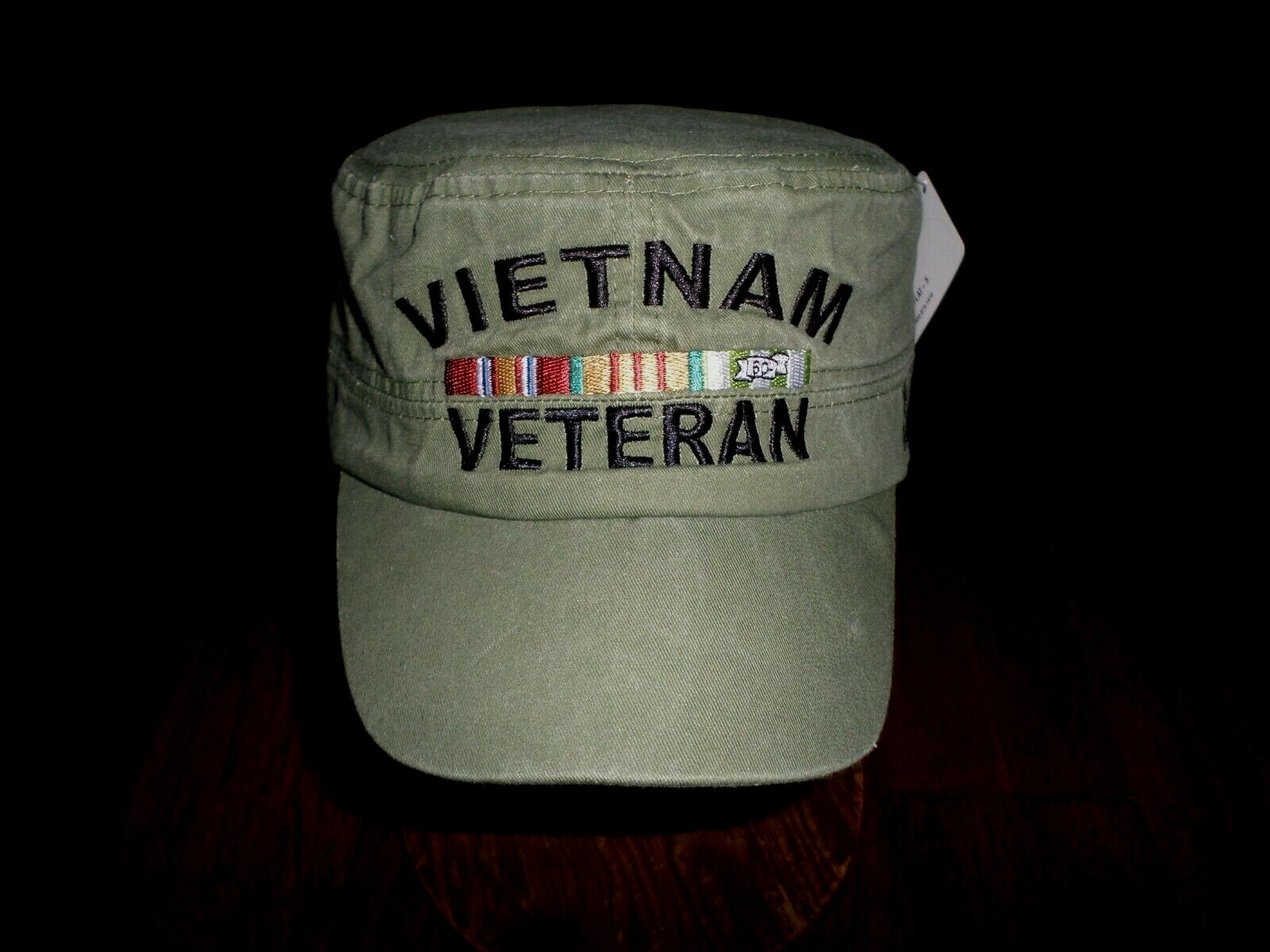 U.S MILITARY VIETNAM VETERAN HAT FLAT TOP OD GREEN BALL CAP VIETNAM RIBBONS