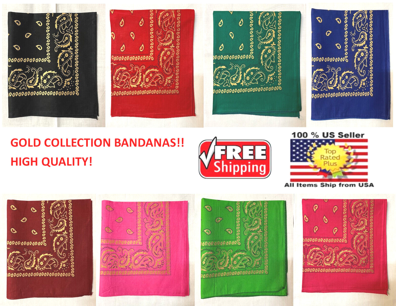 One Dozen GOLD Metallic Paisley Western 100% Cotton Printed Bandana 22 x 22 inch